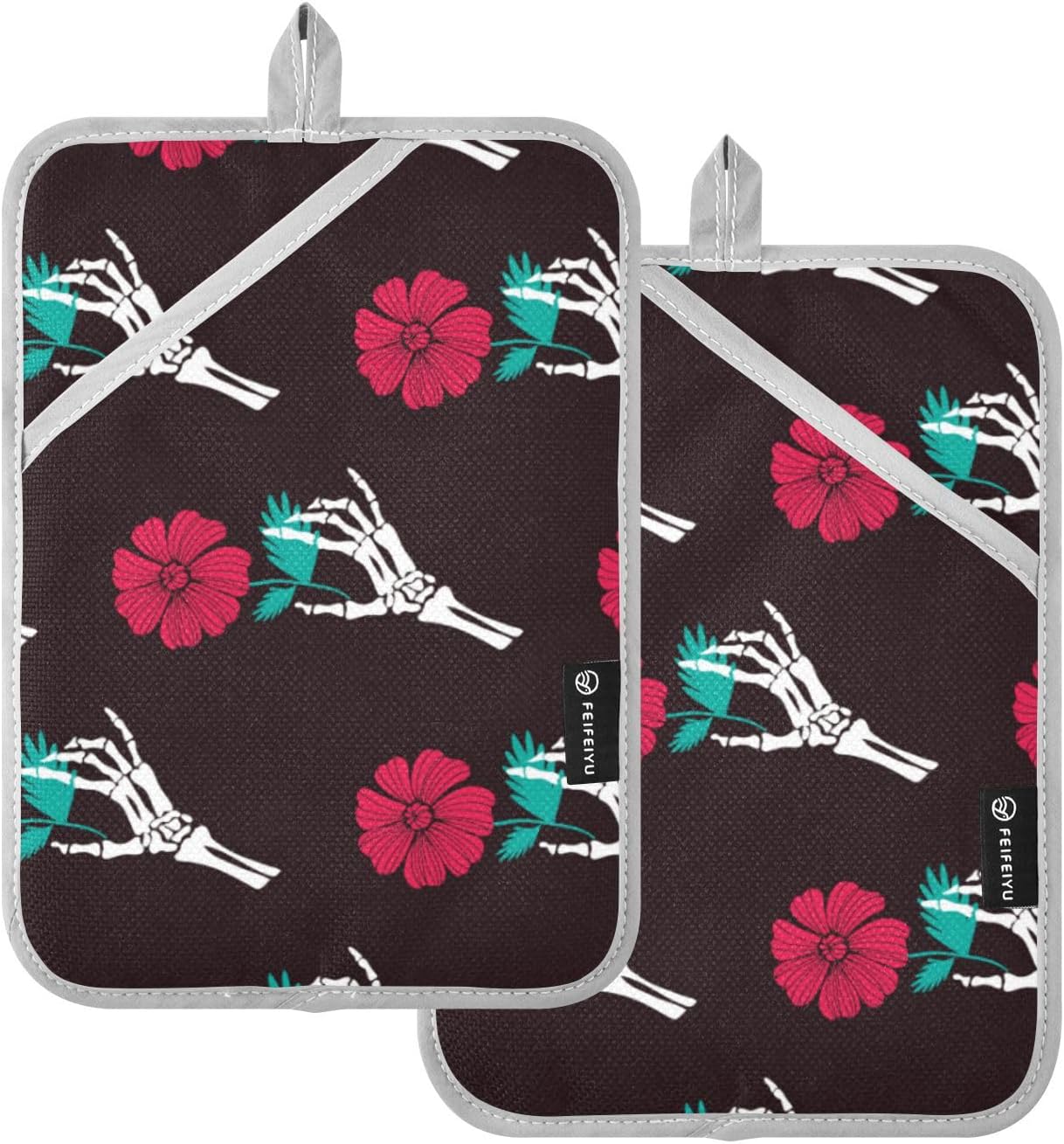 Ourvi Halloween Skull Flowers Pot Holder Set 2 Piece