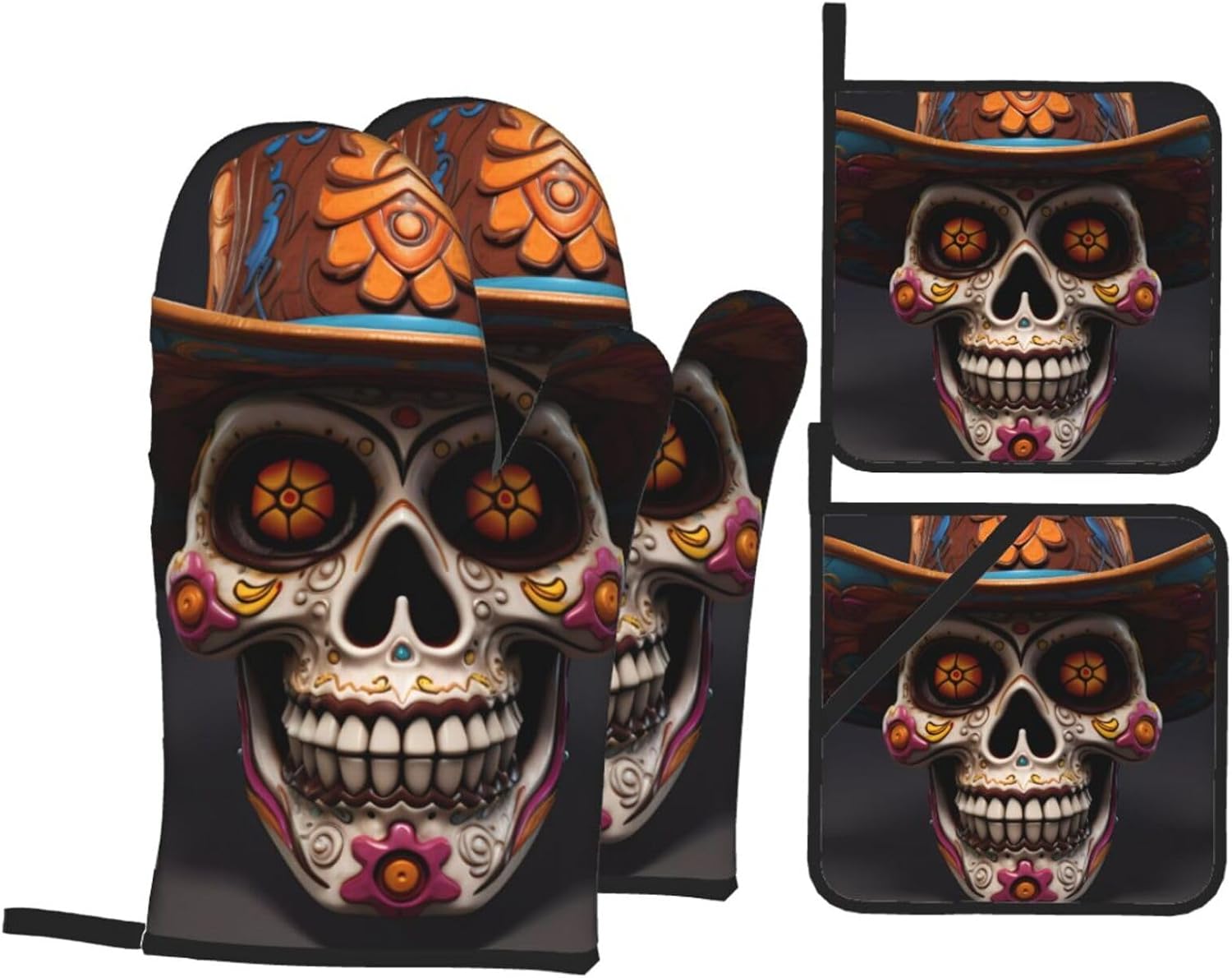 4-Piece Waterproof Oven Mitt Set Heat-Resistant Mexican Halloween Skull Prints