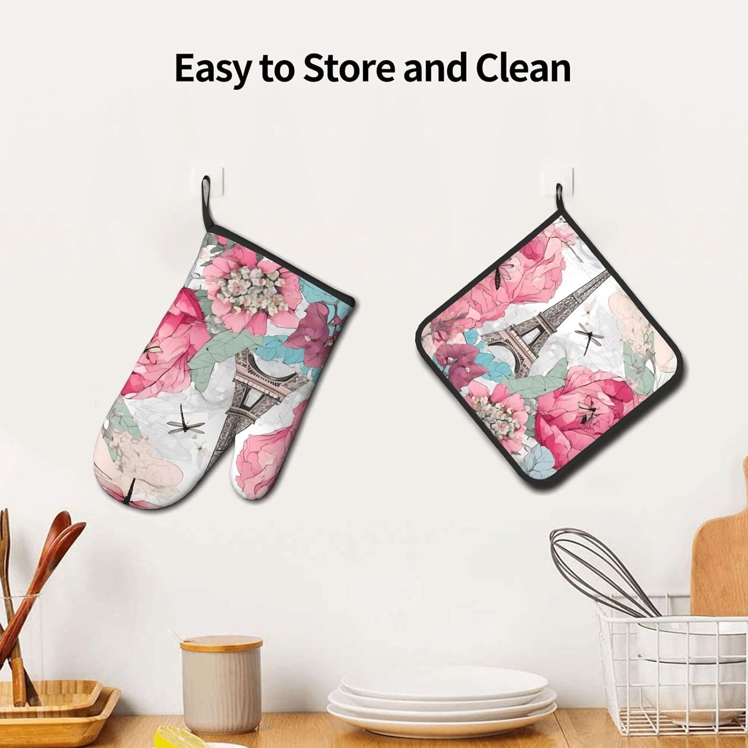 Retro Dragonfly French Tower Printed Oven Mitts and Pot Holders Set of 2