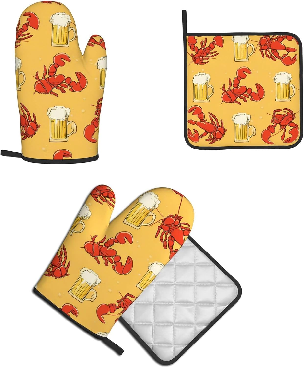 Quopvn Beer and Crawfish Pattern Oven Mitts 2pcs Set
