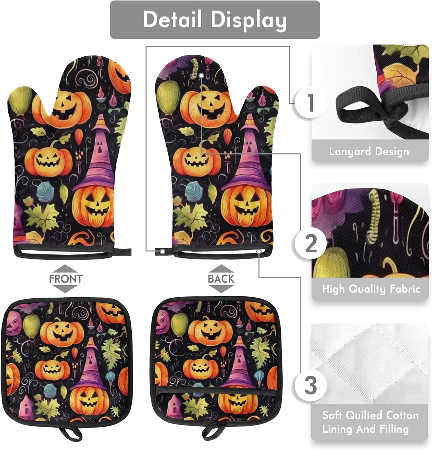 Halloween pumpkin leaves oven mitts and pot holders set