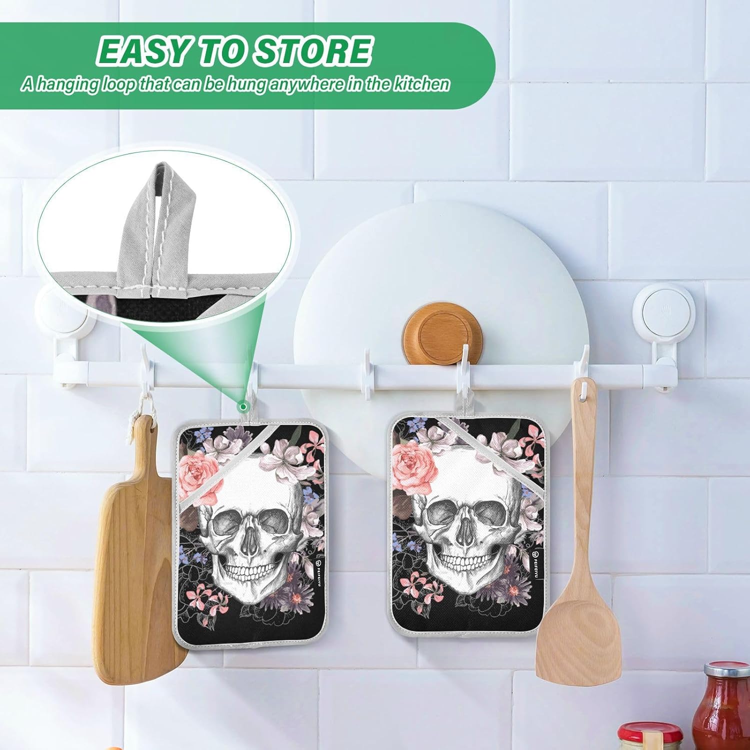 Two-Pack Halloween Skull Rose Pot Holder Set for Oven Kitchen Use