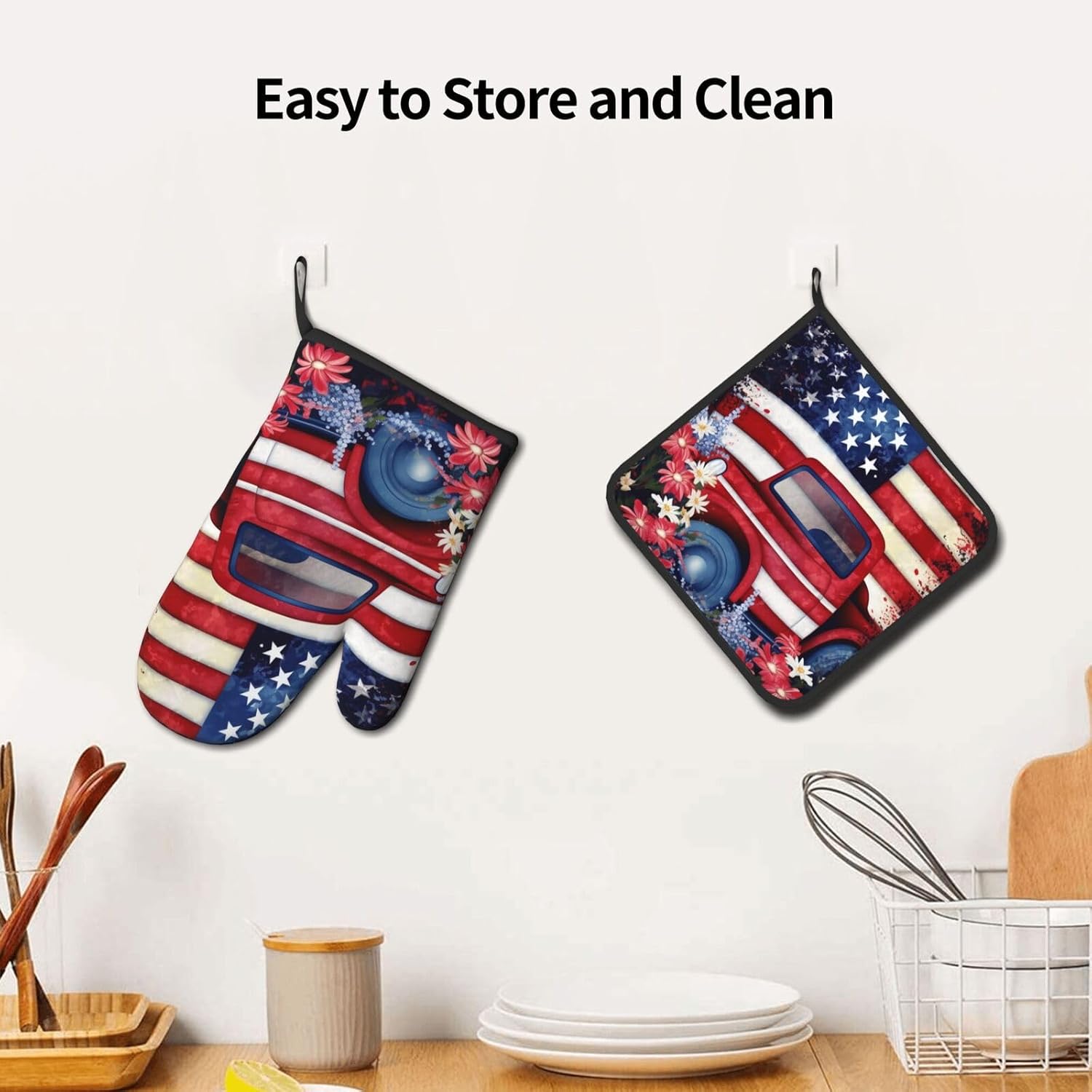 Quopvn 4th of July Patriotic USA Flag Oven Mitts Pot Holders 2pcs Set