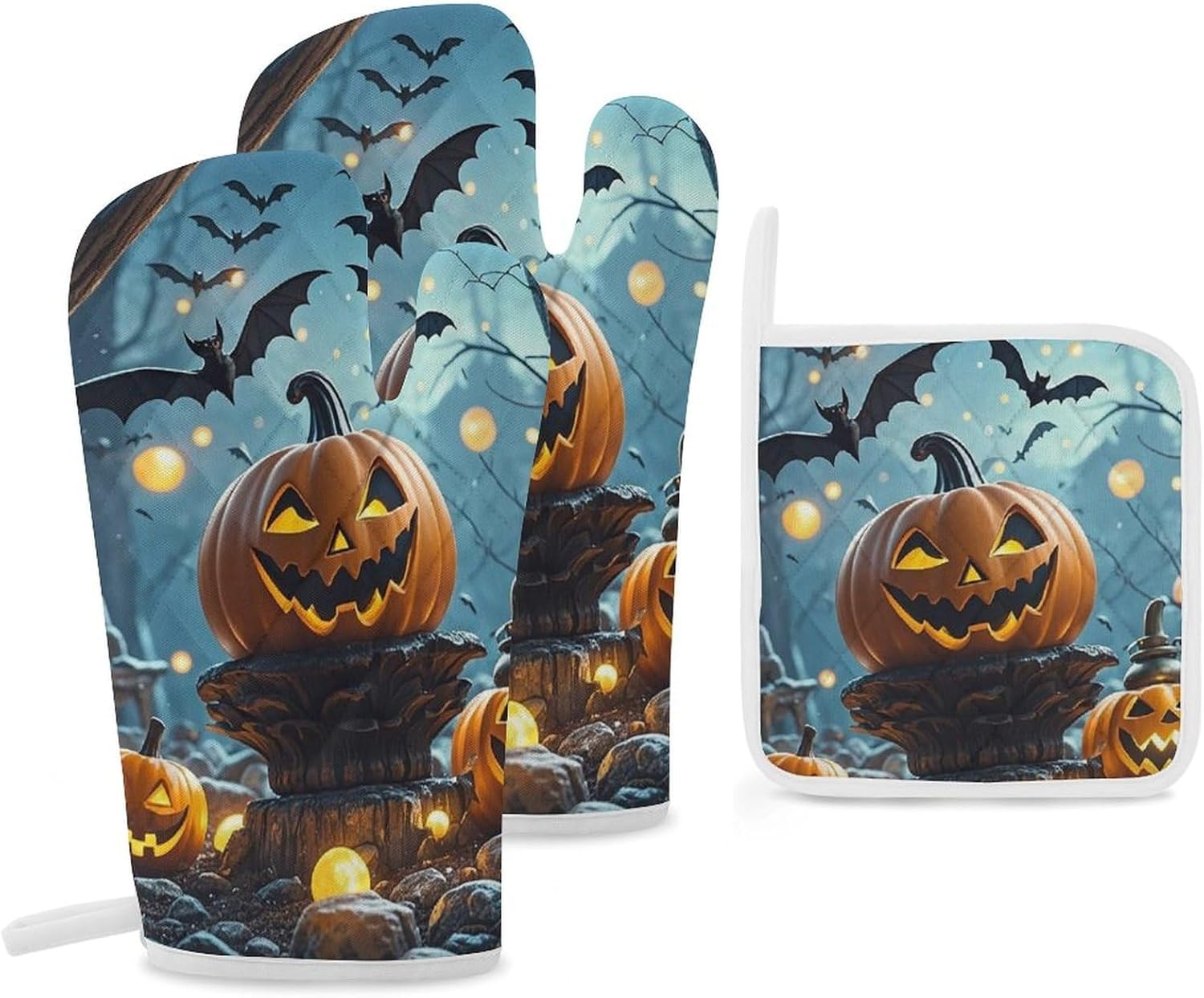 Halloween Oven Mitts Pot Holders - 3-Piece Set withFlying Bats Design