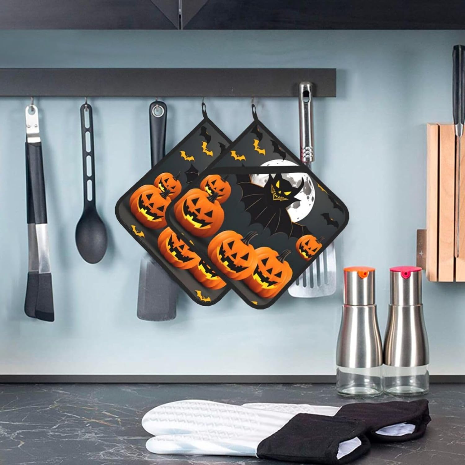 Halloween Moon Bat Pumpkins Non-Slip Heat-Resistant Pot Holder Set