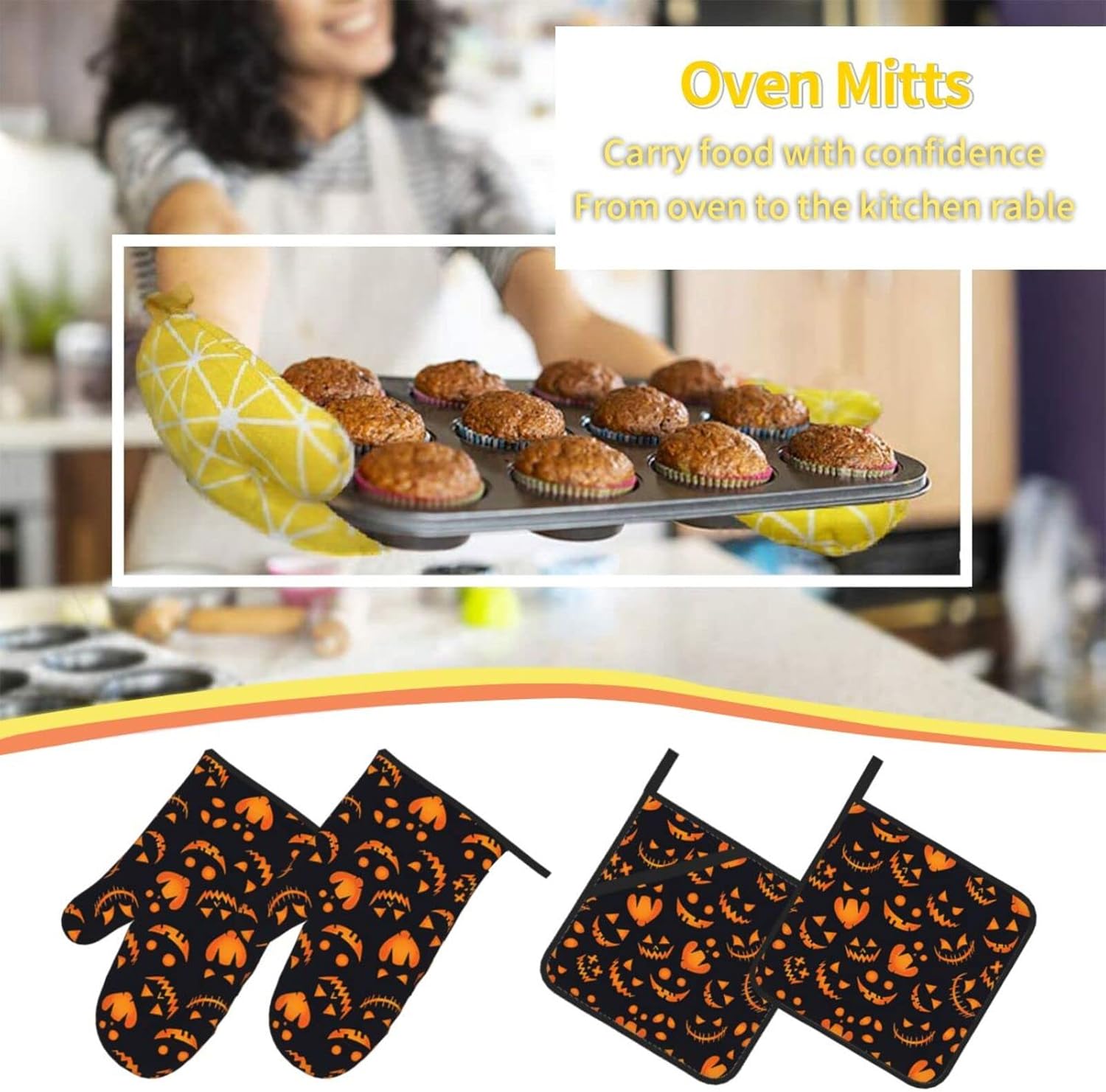 Pumpkin Oven Mitts Heat-Resistant Set of 4