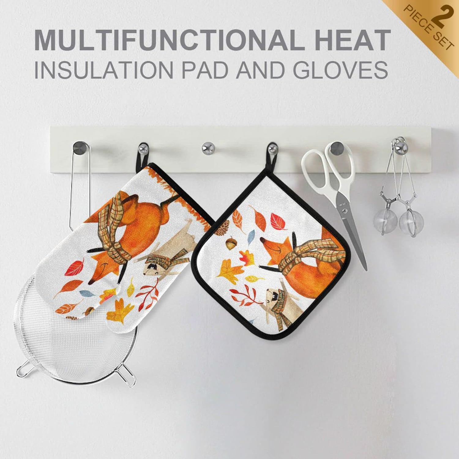 autumn-themed oven mitts and pot holders set for cozy home