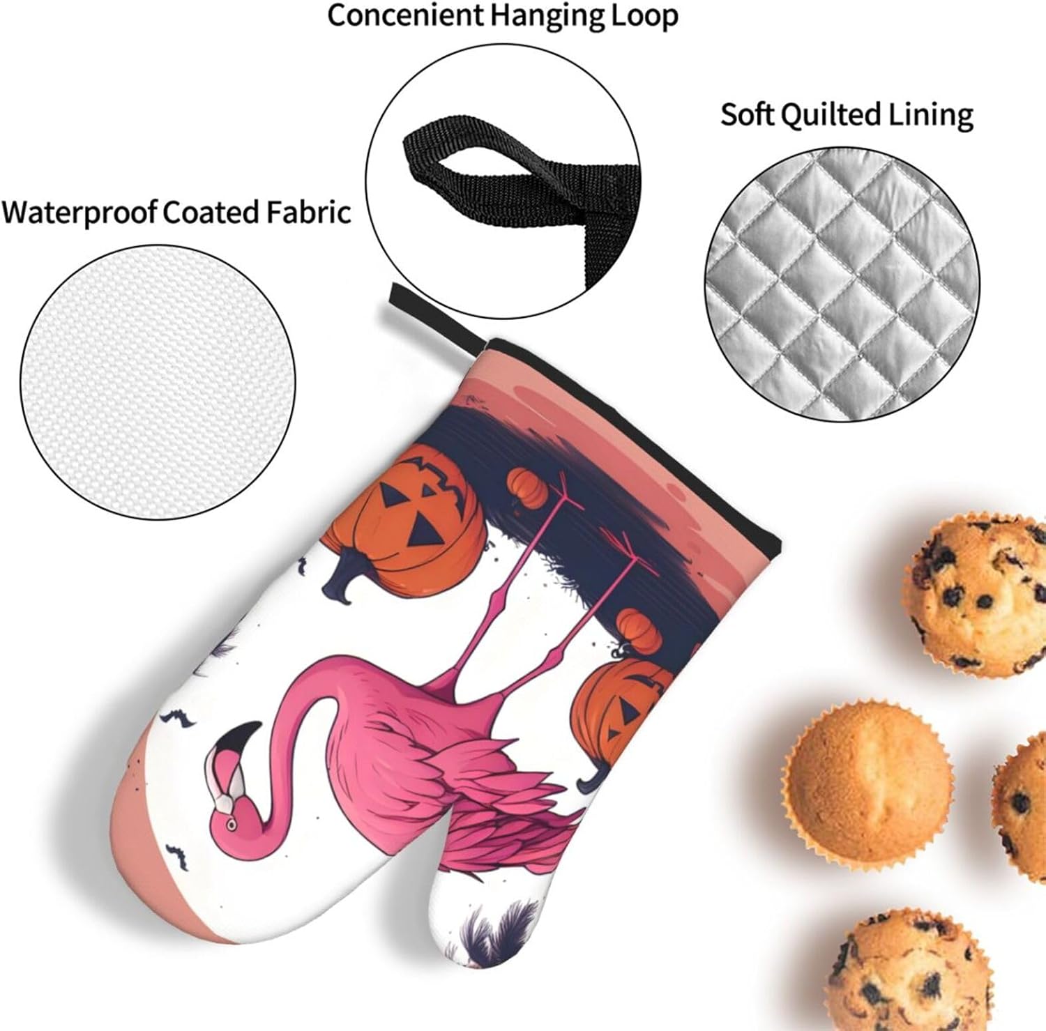 Halloween Flamingo Oven Mitts Pot Holders Set - Durable Waterproof