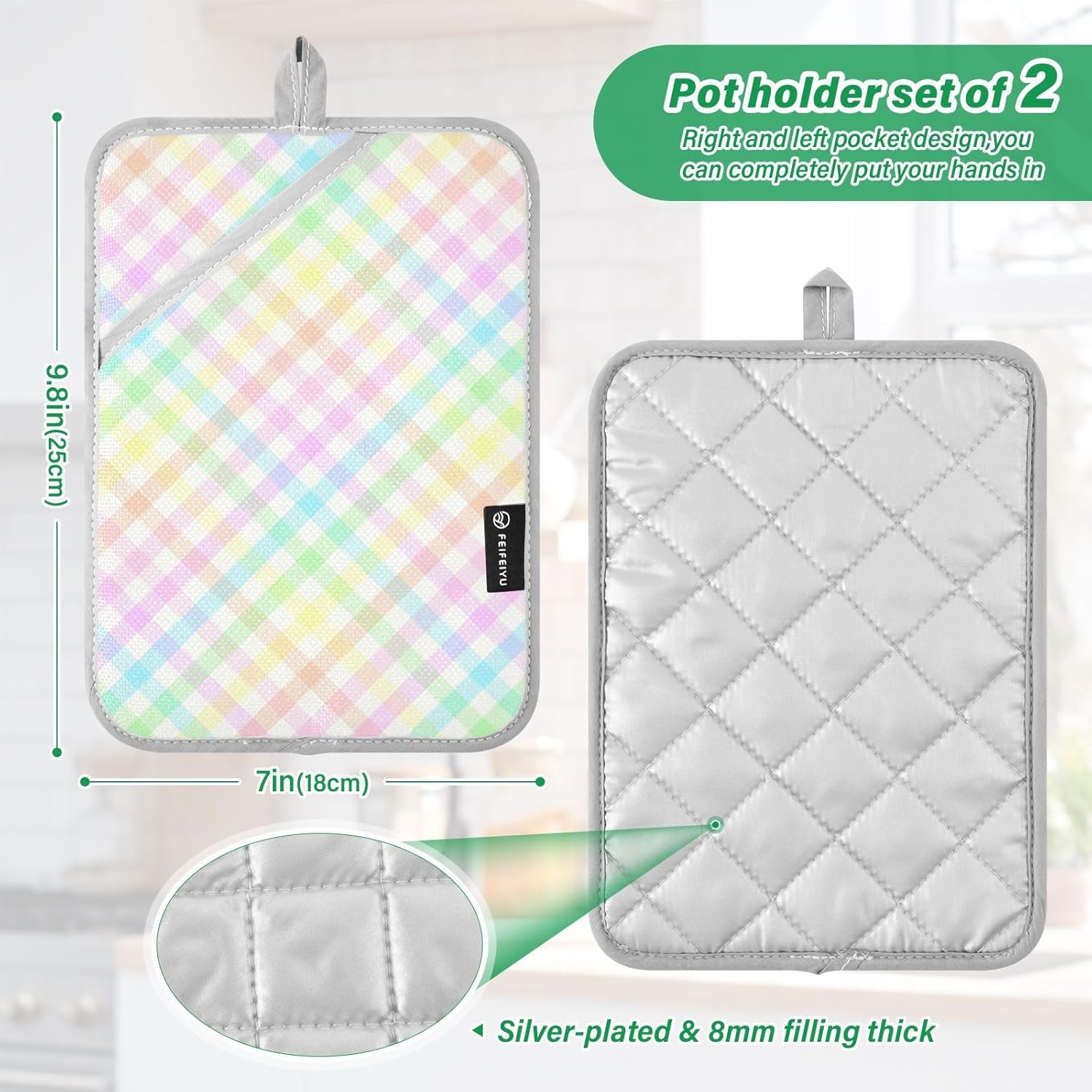 Double Rainbow Gingham Potholder Set for Kitchen Protection