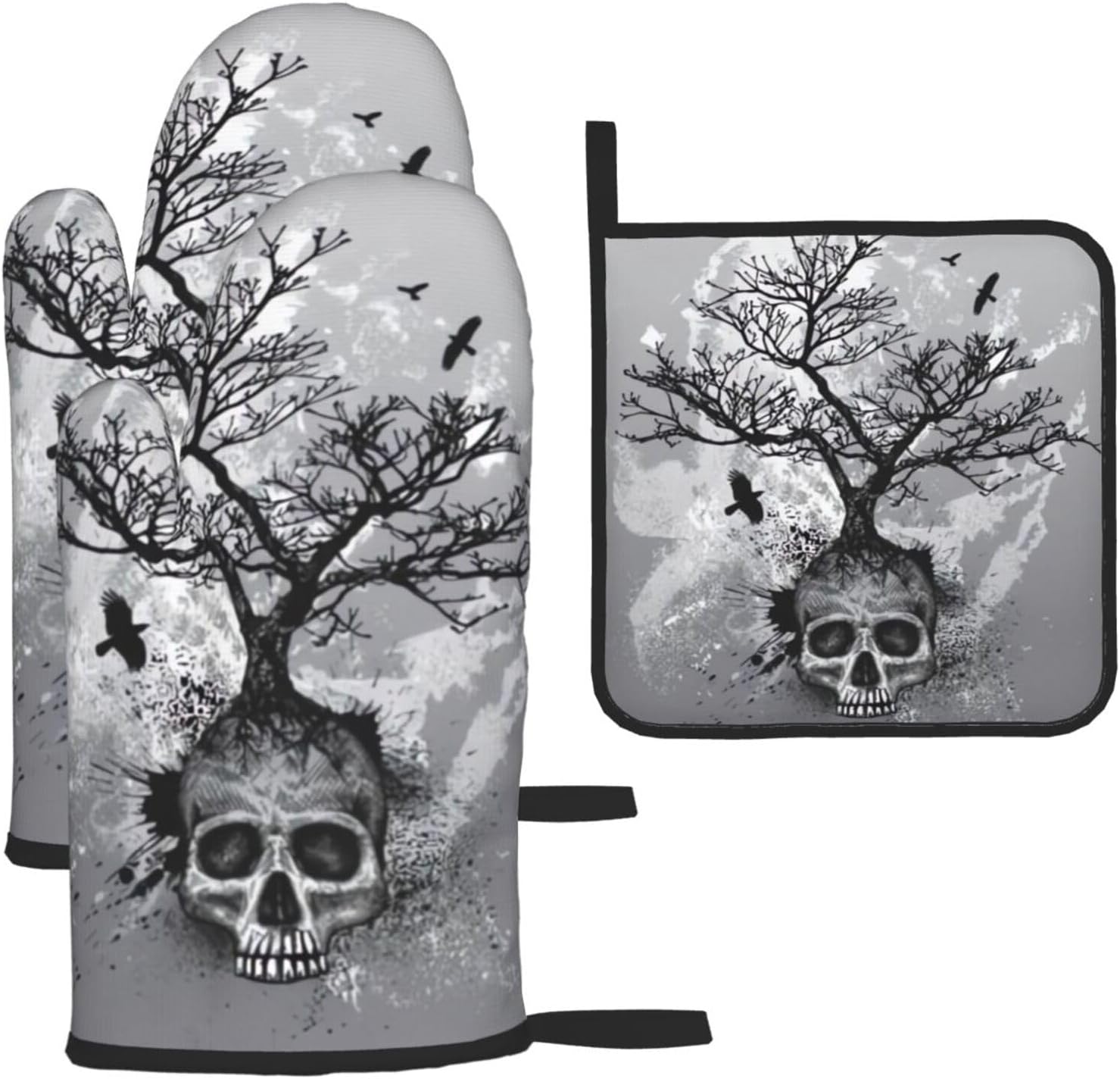 Halloween Skull Oven Mitts and Pot Holders Set Heat-Resistant