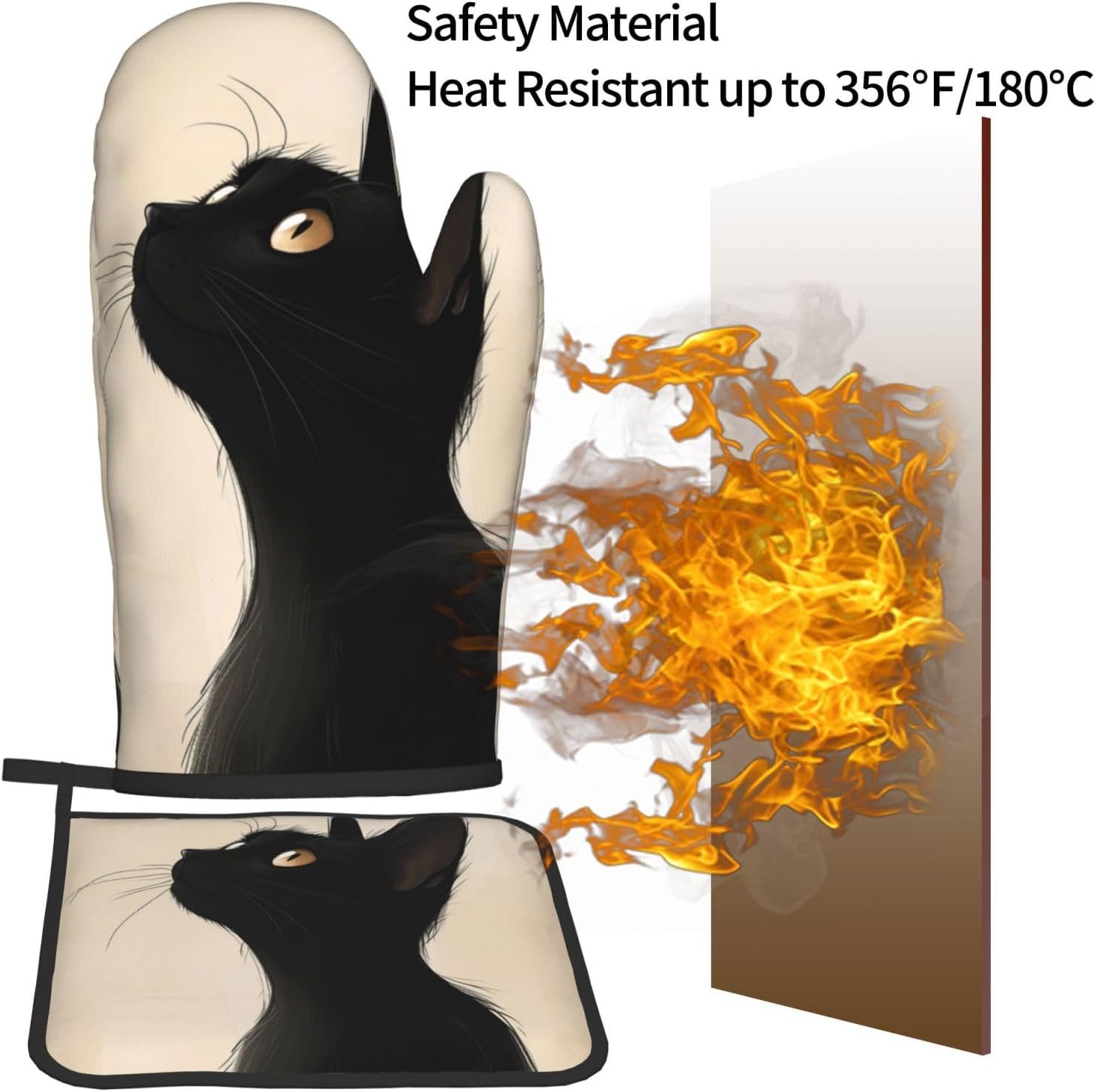 Halloween Black Cat Oven Mitts and Pot Holders Set