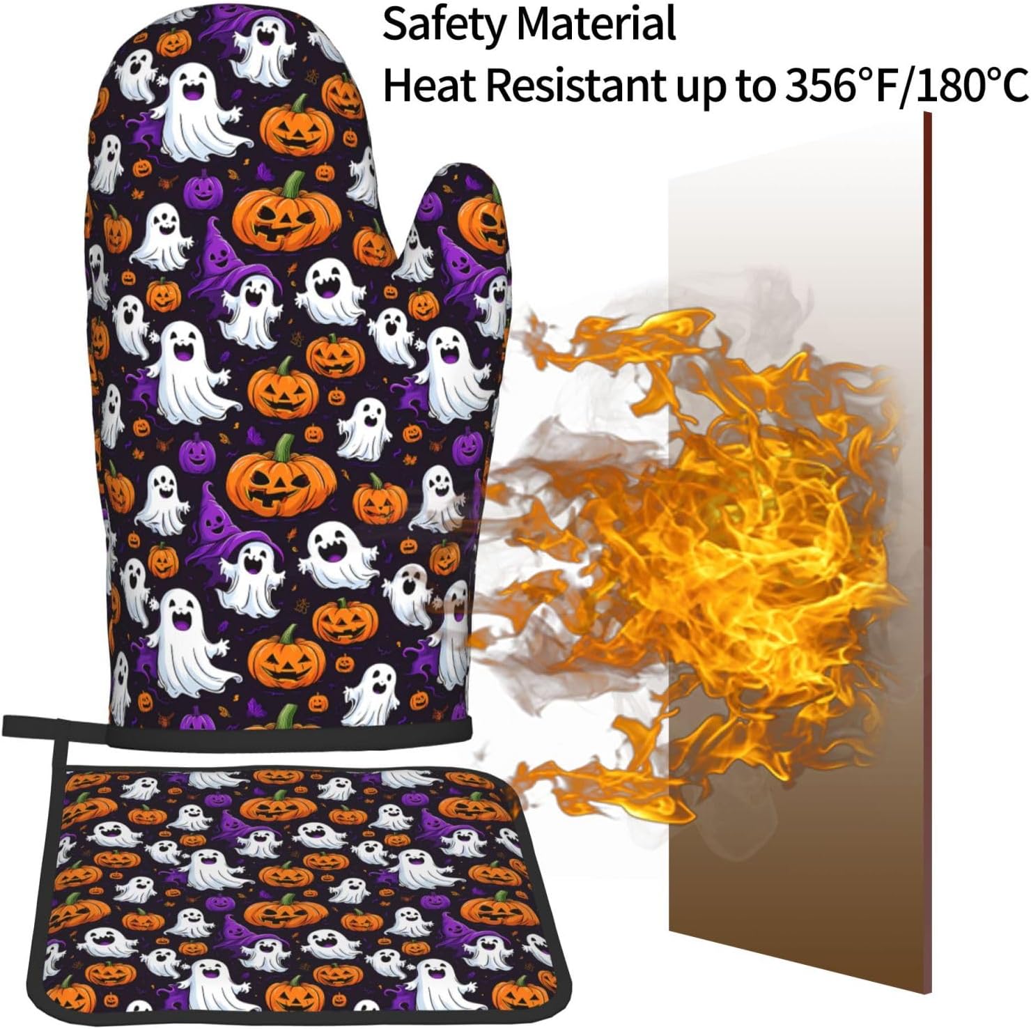 Halloween Ghost Pumpkin Oven Mitts Pot Holders - Heat-Resistant Gloves for Cooking
