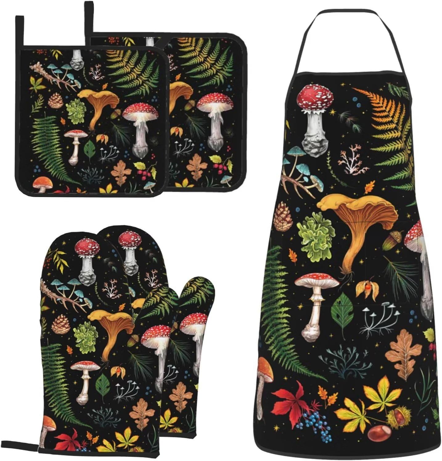 Mushroom Oven Mitts and Apron Set 5Pcs Heat Resistant