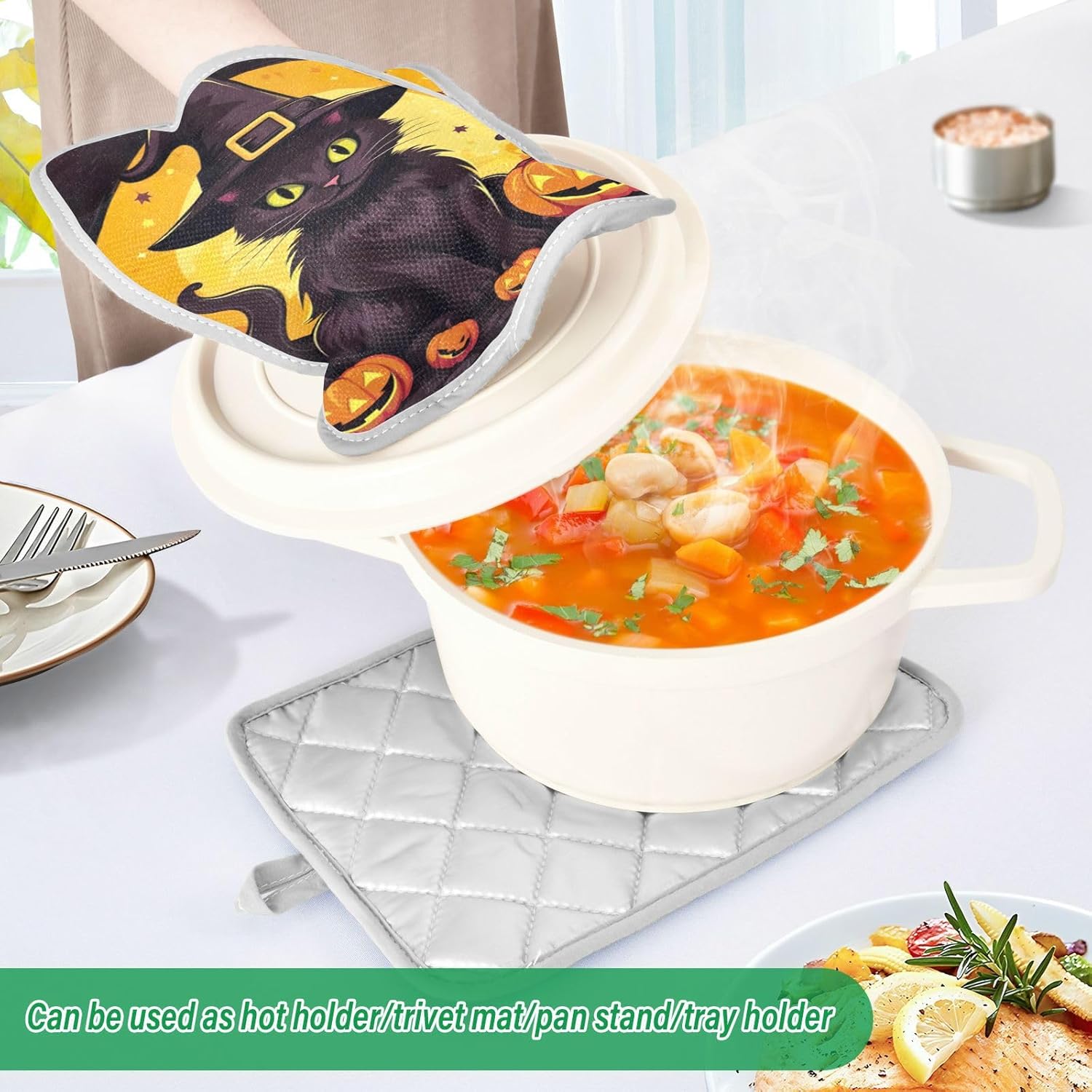 Festive Halloween Black Cat Potholders Set - Heat-Resistant Unique Design
