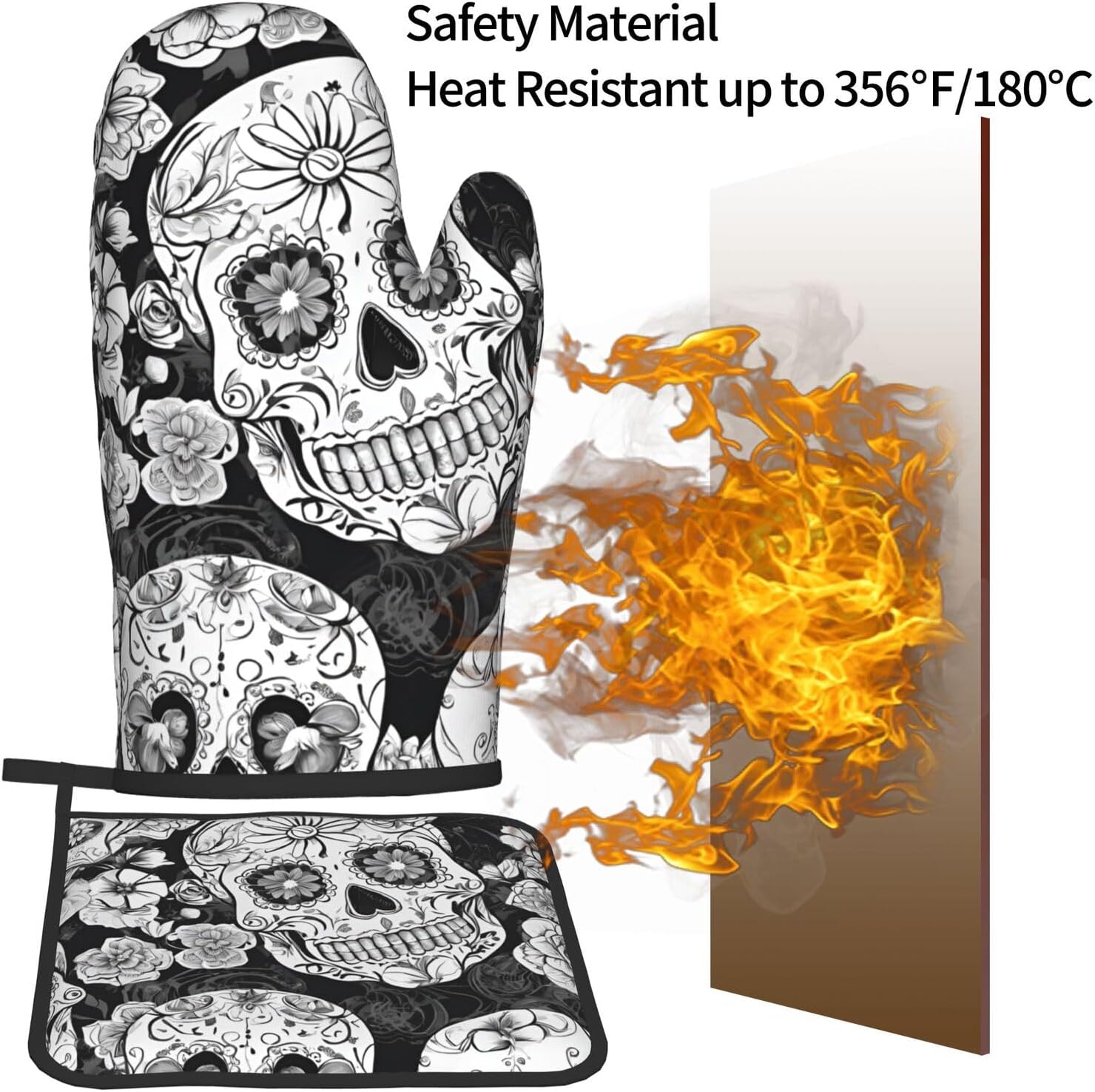 Floral Skull Oven Mitts Set Heat-Resistant Kitchen Potholders