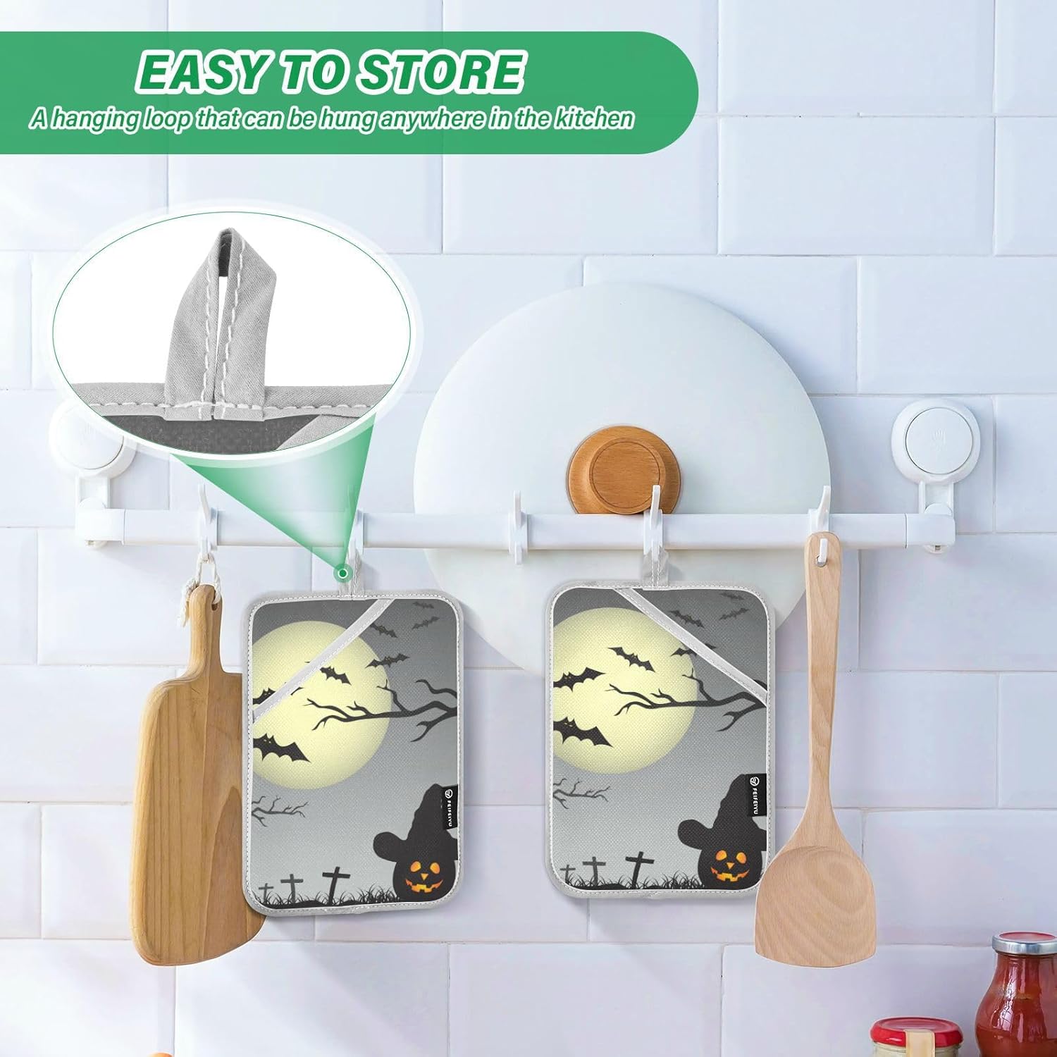 OURVII 2Pcs Halloween Full Moon Pot Holders Non-Slip with Pockets