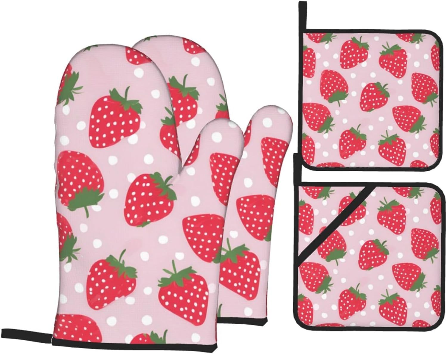 Strawberry-Printed Oven Mitts Pot Holders Set