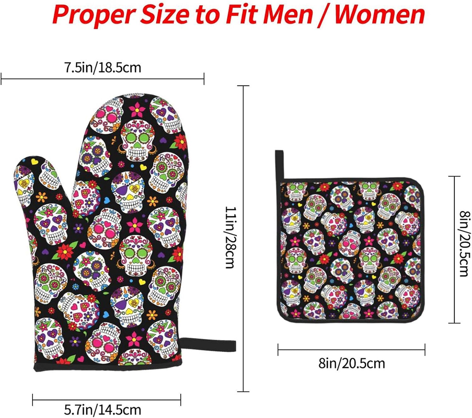 Halloween Day of the Dead Sugar Skull Oven Mitts and Pot Holder Set
