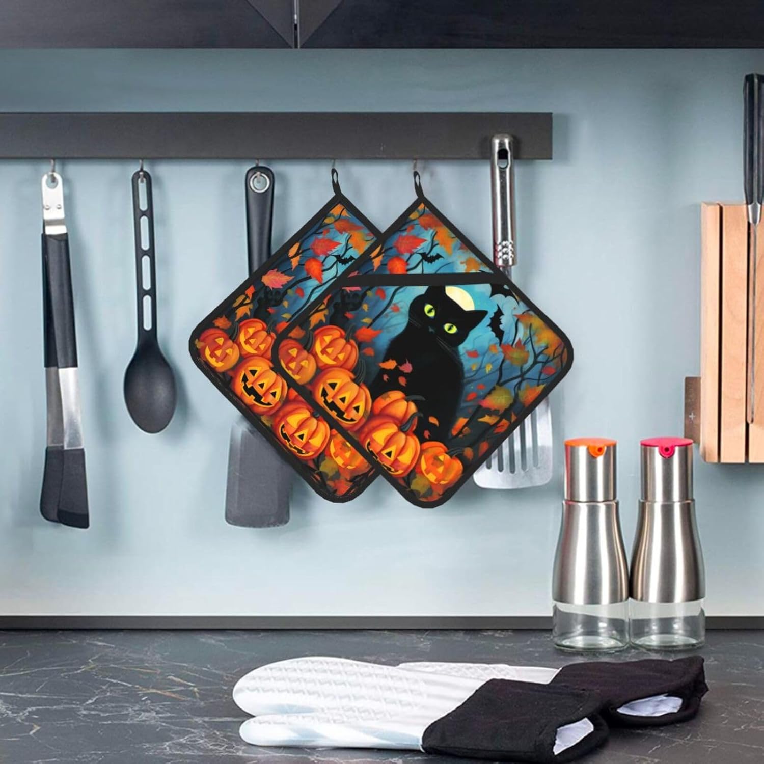 Halloween Black Cat Pumpkin Leave Pot Holder Set