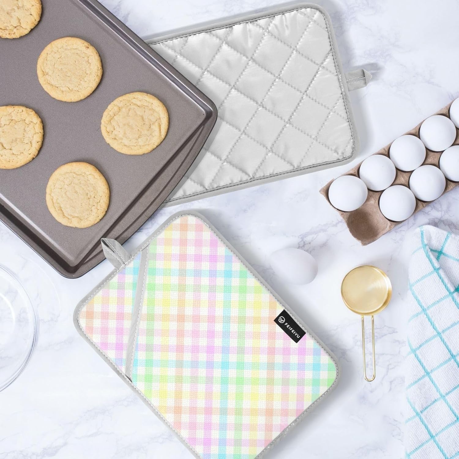 Double Rainbow Gingham Potholder Set for Kitchen Protection