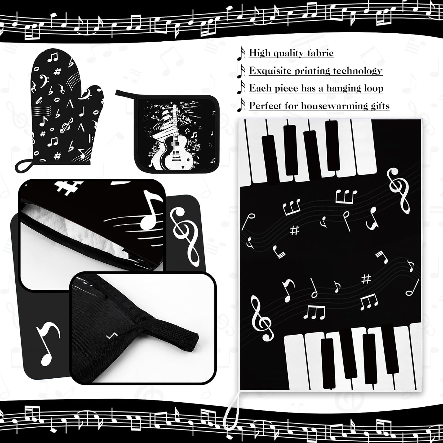 Comfortable Oven Mitts Pot Holders Set with Music Note Patterns