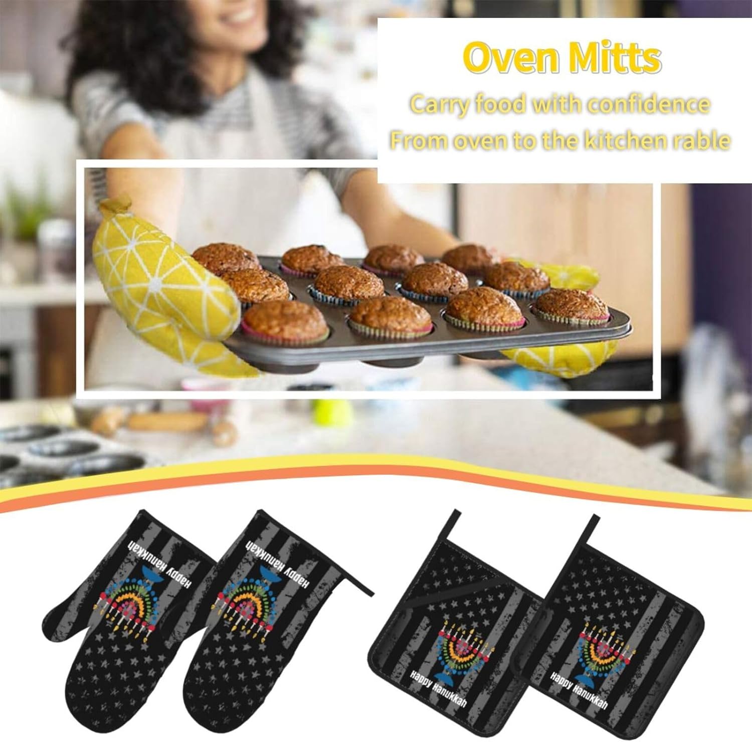 Happy Hanukkah Oven Mitts and Pot Holders Set 4 PCS