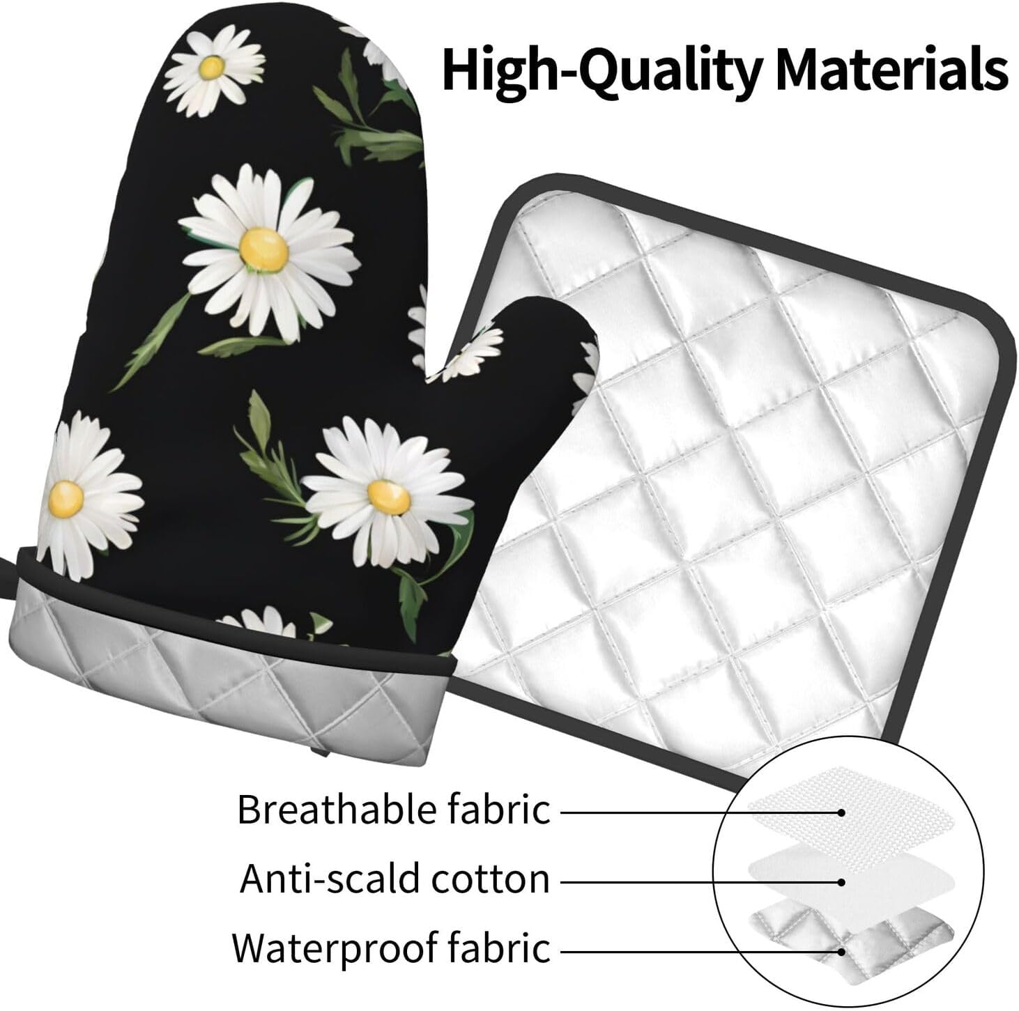 Durable Daisy Printed Oven Mitts Pot Holders Set Heat-Resistant Kitchen Gloves