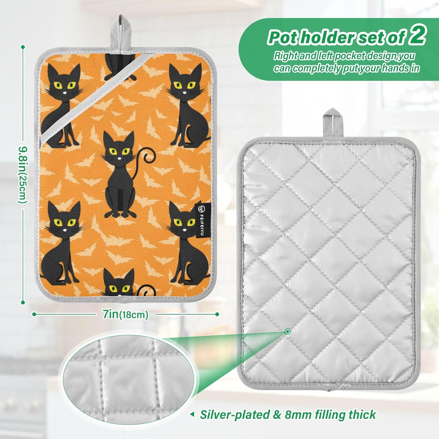 2Pcs Halloween Cat Potholder Set Non-Slip Heat Resistant