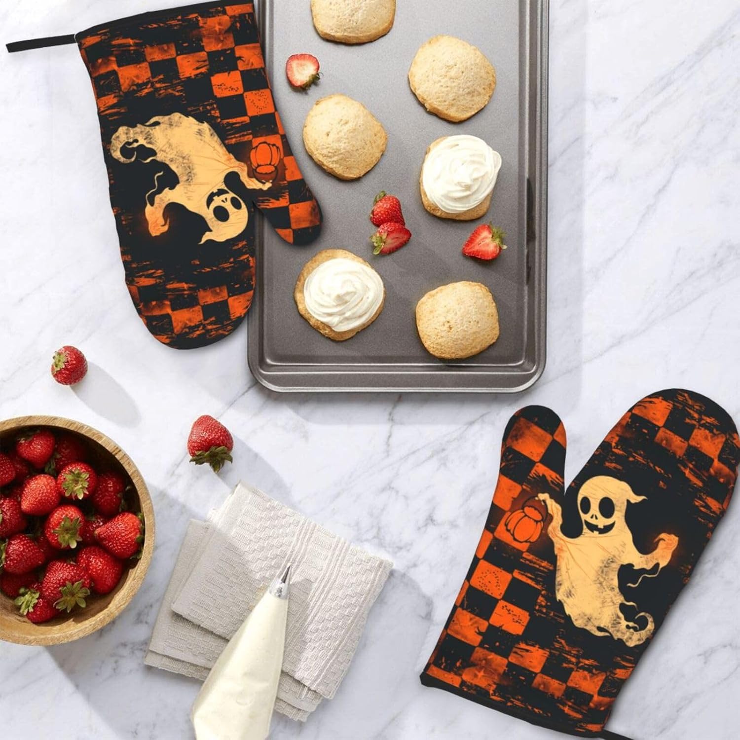 Halloween Skull Oven Mitts Heat Resistant Non-Slip Waterproof 1