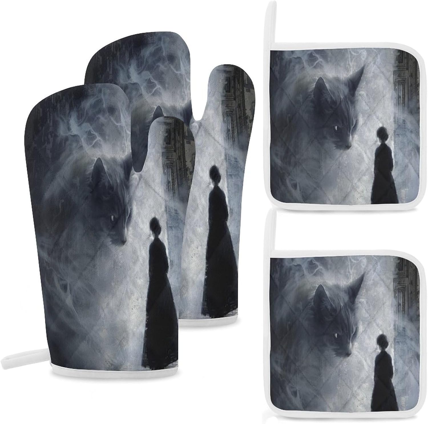 Oven Mitts and Pot Holders Set Halloween Cat 4pcs