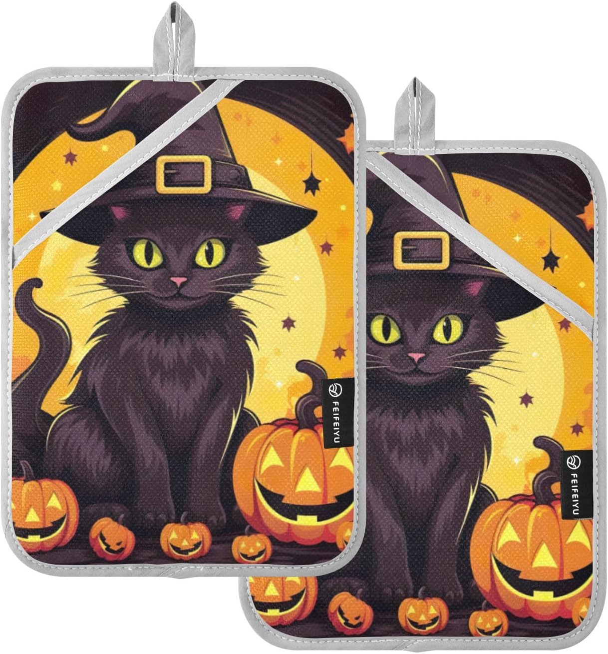 Festive Halloween Black Cat Potholders Set - Heat-Resistant Unique Design