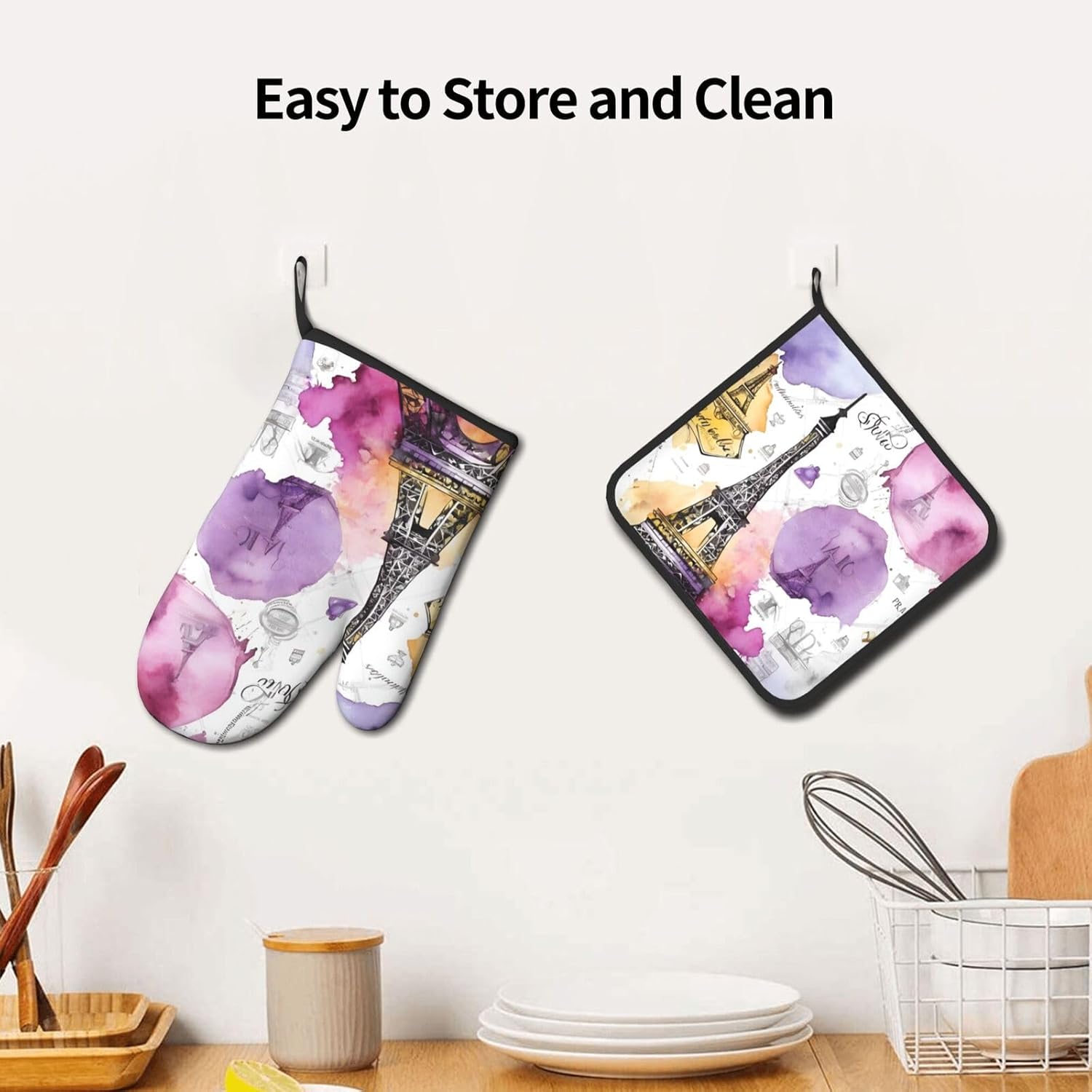 French Parisian Eiffel Tower Oven Mitts Pot Holders Set