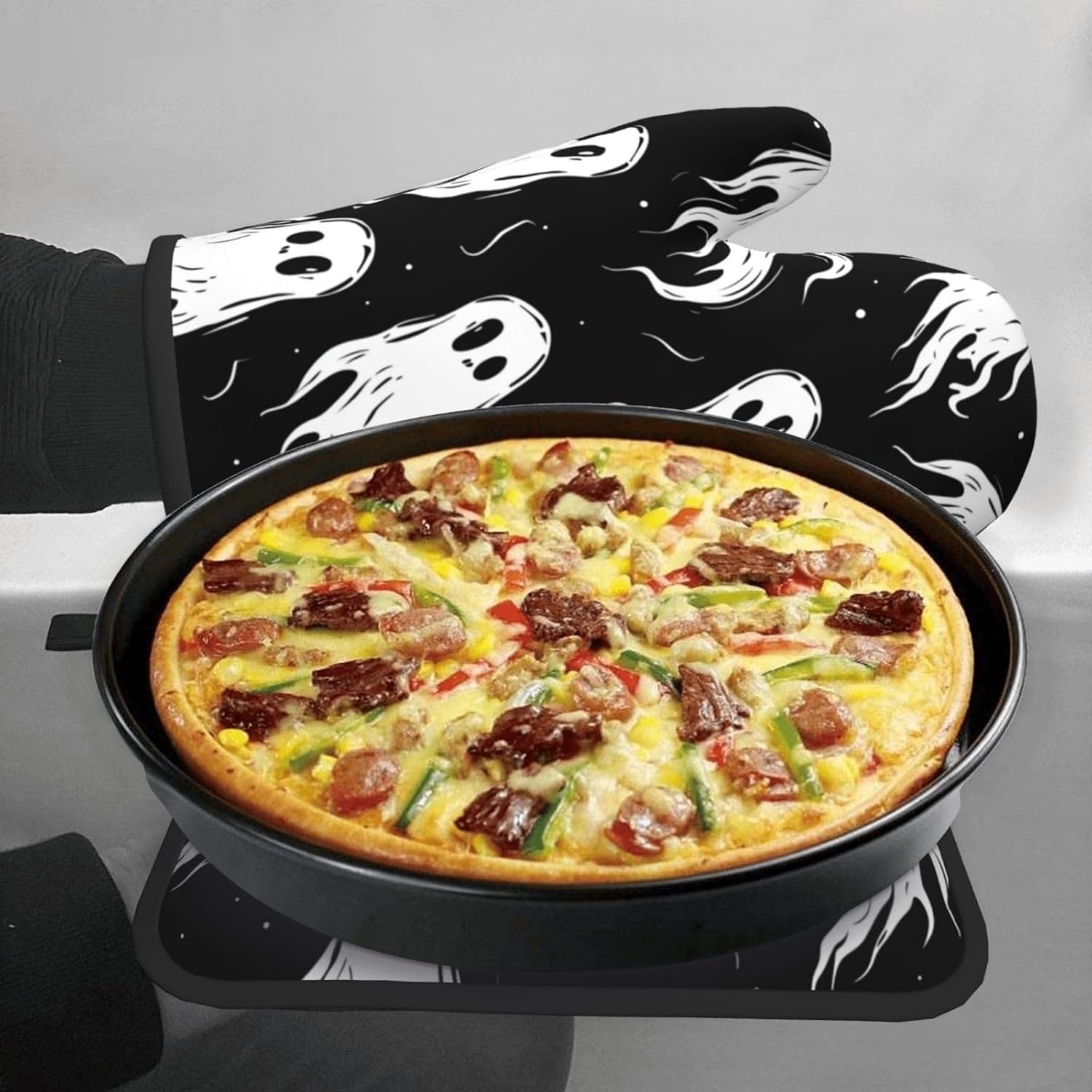 Gothantine Halloween Ghost Oven Mitts Pot Holders Set