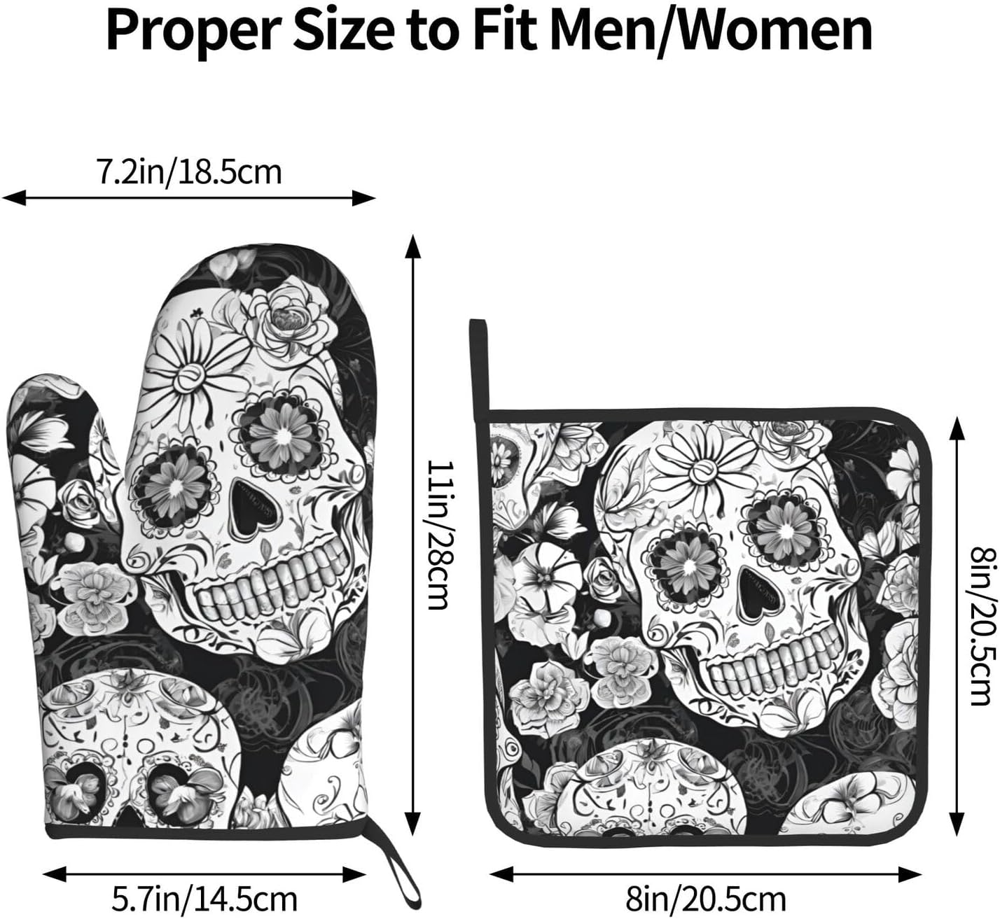 Floral Skull Oven Mitts Set Heat-Resistant Kitchen Potholders
