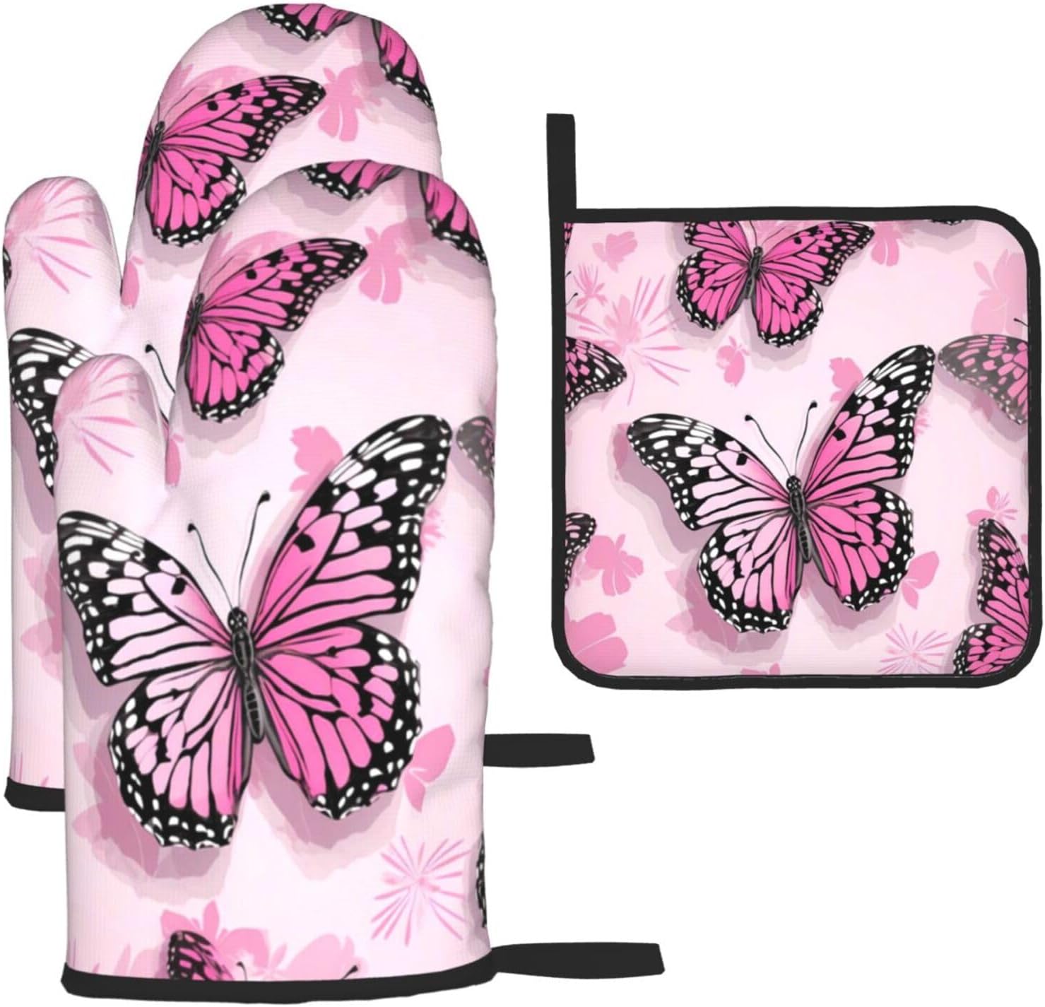 Edafol 3-Piece Oven Mitts and Potholders Set Heat-Resistant Pink Butterfly Design