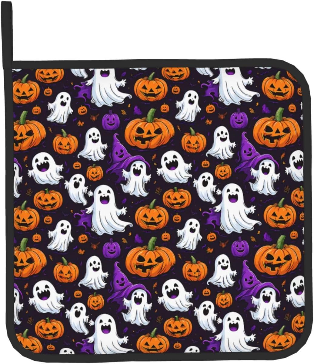 Halloween Ghost Pumpkin Oven Mitts Pot Holders - Heat-Resistant Gloves for Cooking