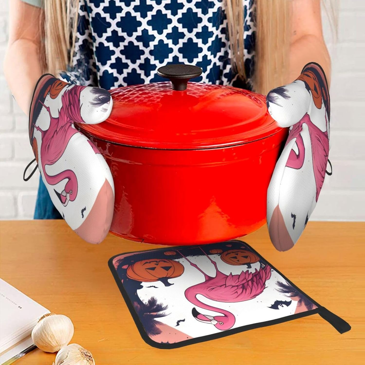Halloween Flamingo Oven Mitts Pot Holders Set - Durable Waterproof