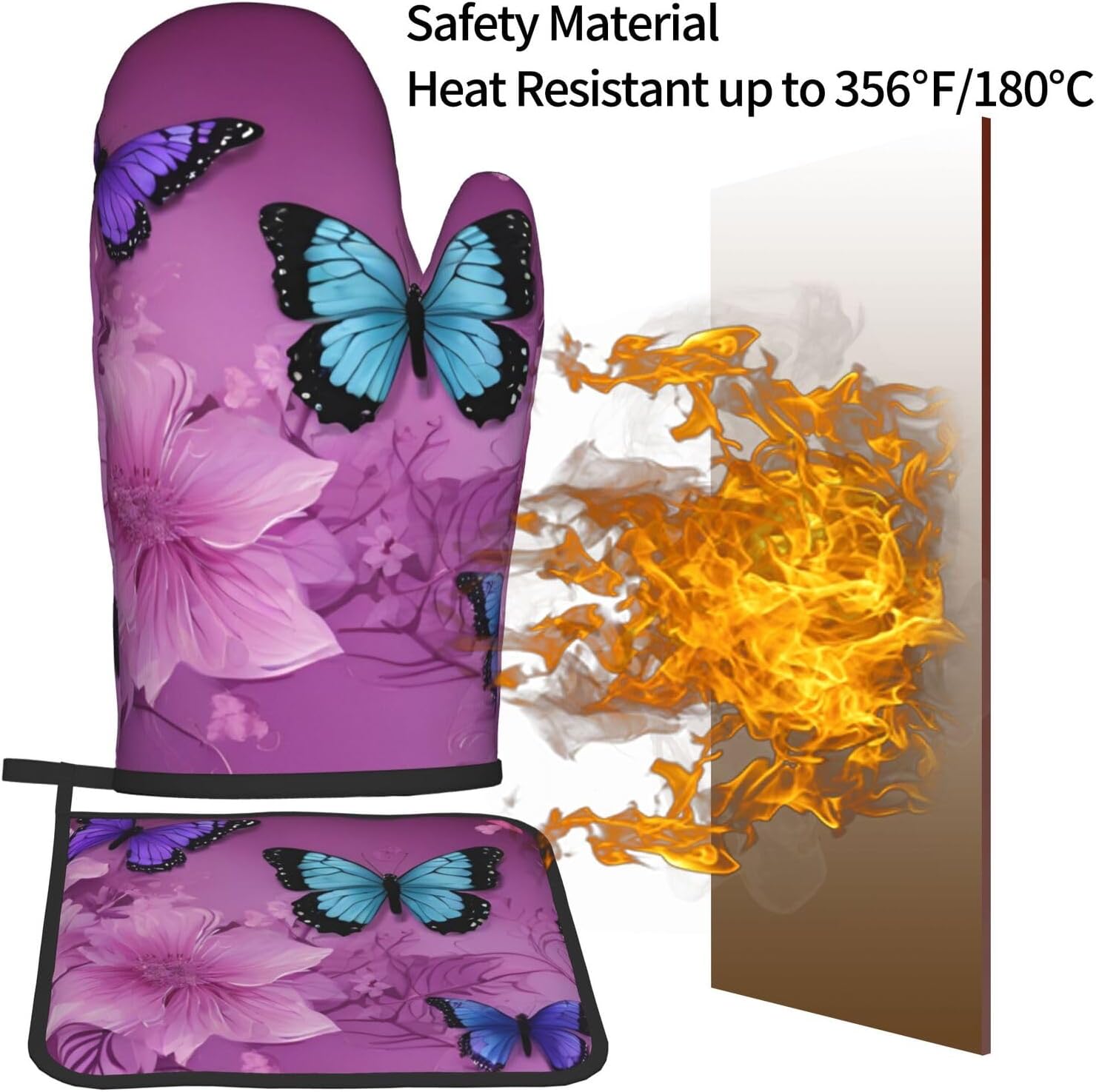 Quopvn Purple Butterflies Oven Mitts Pot Holders Non-Slip Kitchen Glove Set