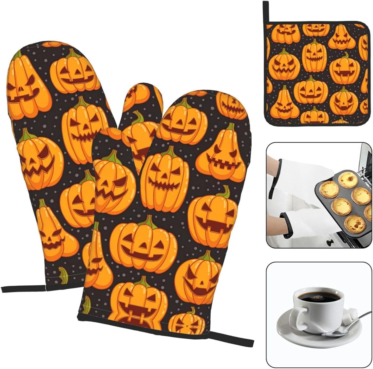 Halloween Pumpkin Patterns Oven Mitts and Pot Holders Heat-Resistant 3-Piece Set