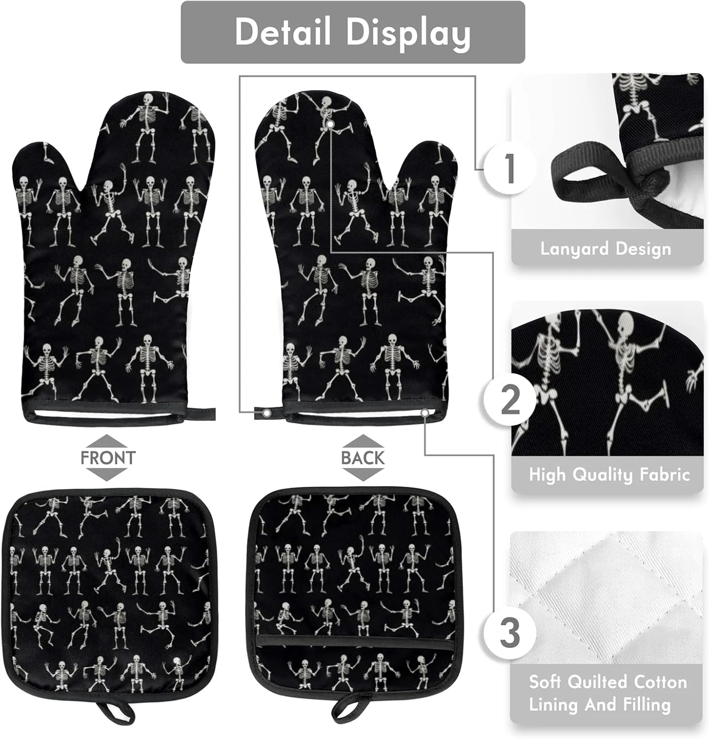 Perfect for Halloween - Cute Skull Oven Mitts Pot Holder Set of 2