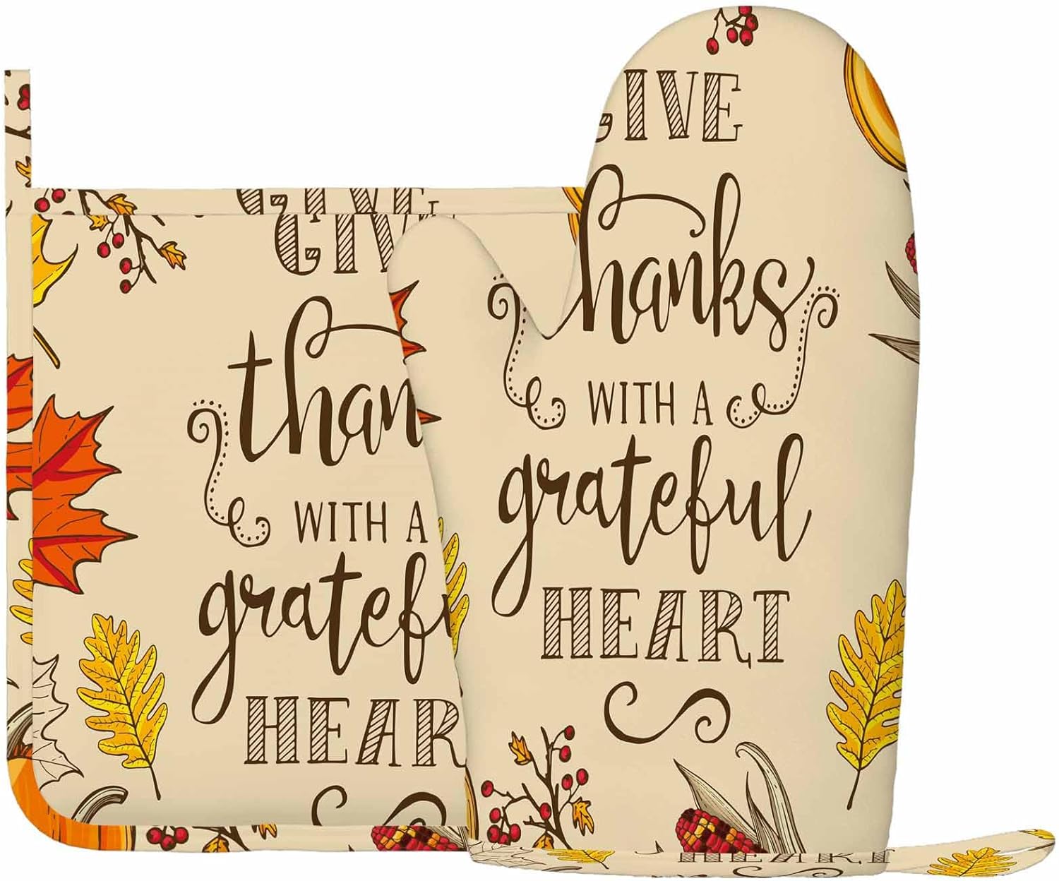 Mxocom Thanksgiving Oven Mitts Pot Holders Set Maple Oak Leaves