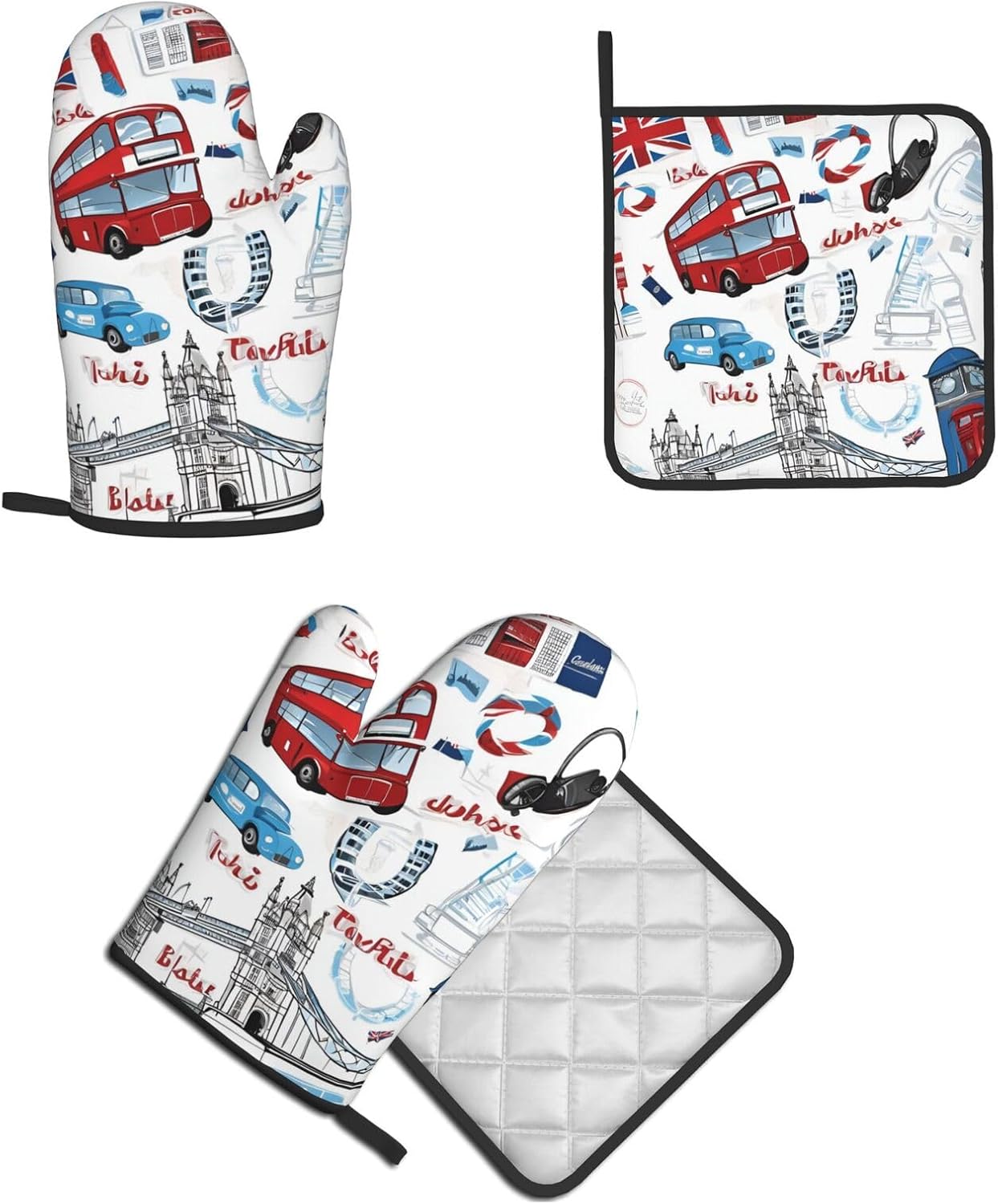 Quopvn London Printed Oven Mitts and Pot Holders 2pcs Set
