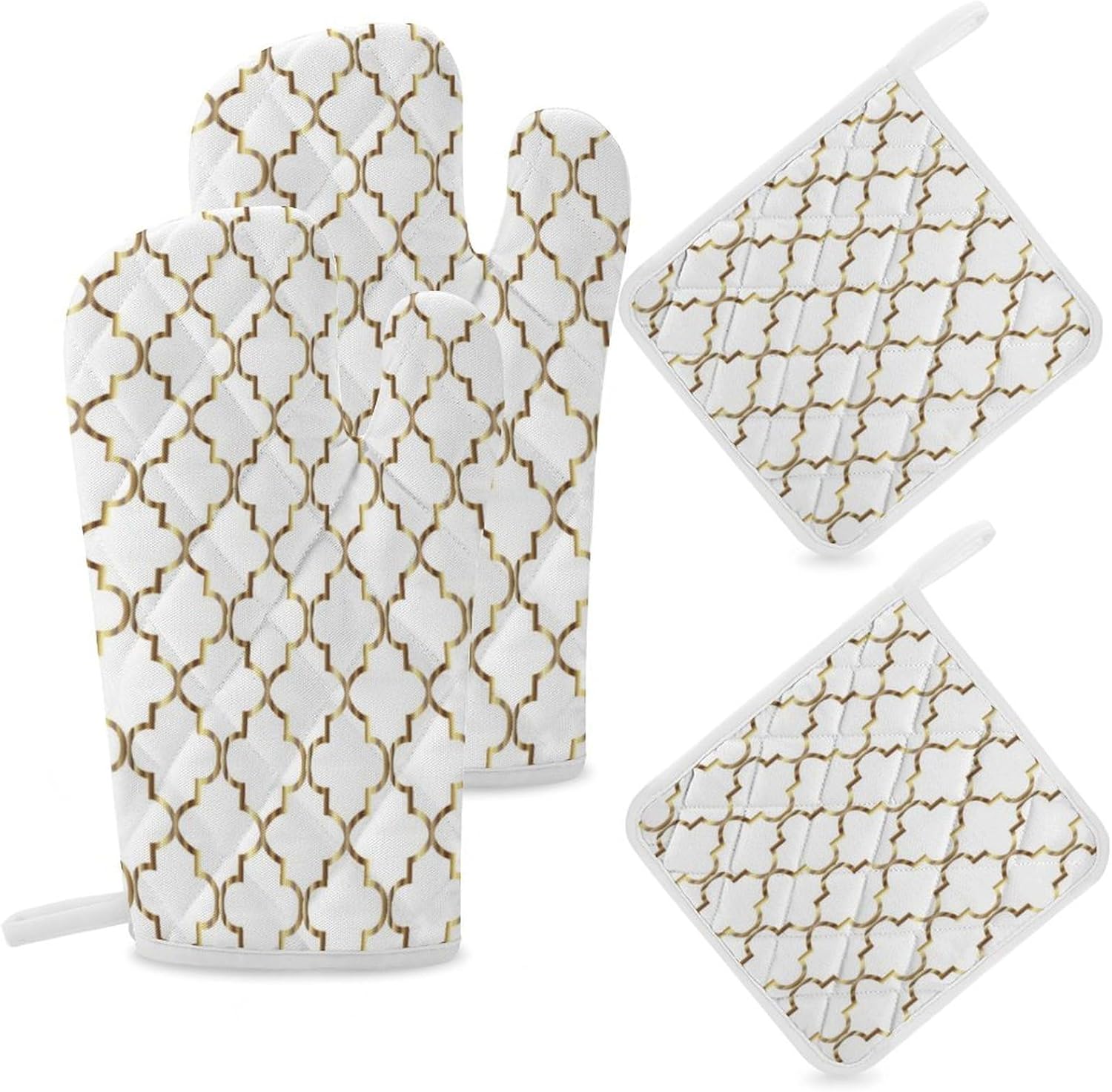 Curdesi Oven Mitts Set Heat Resistant 4PCS with Gold and White Quatrefoil Design