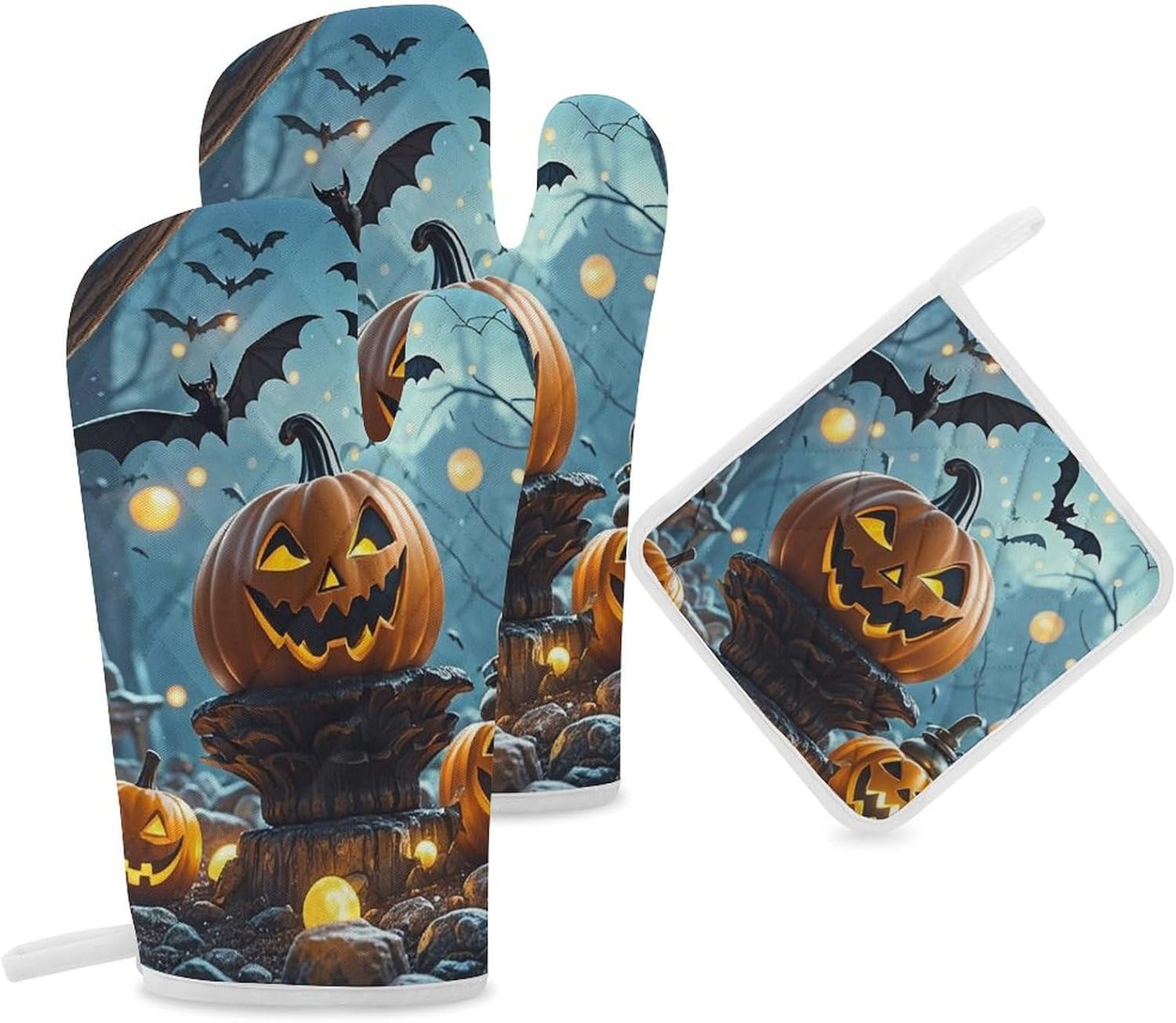 Halloween Oven Mitts Pot Holders - 3-Piece Set withFlying Bats Design