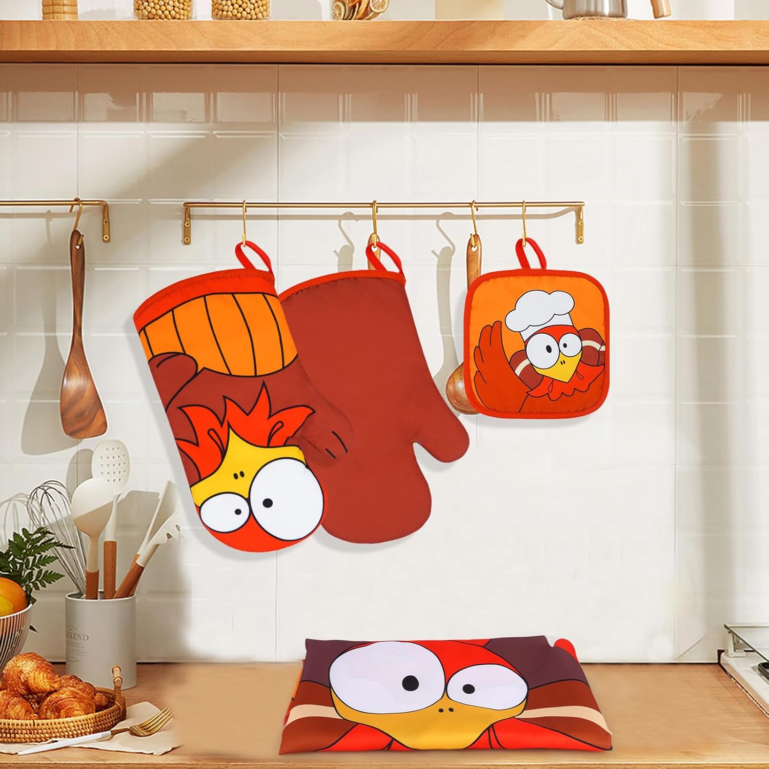 LSYDCARM Fall Oven Mitts 4Pcs Turkey Set with Apron