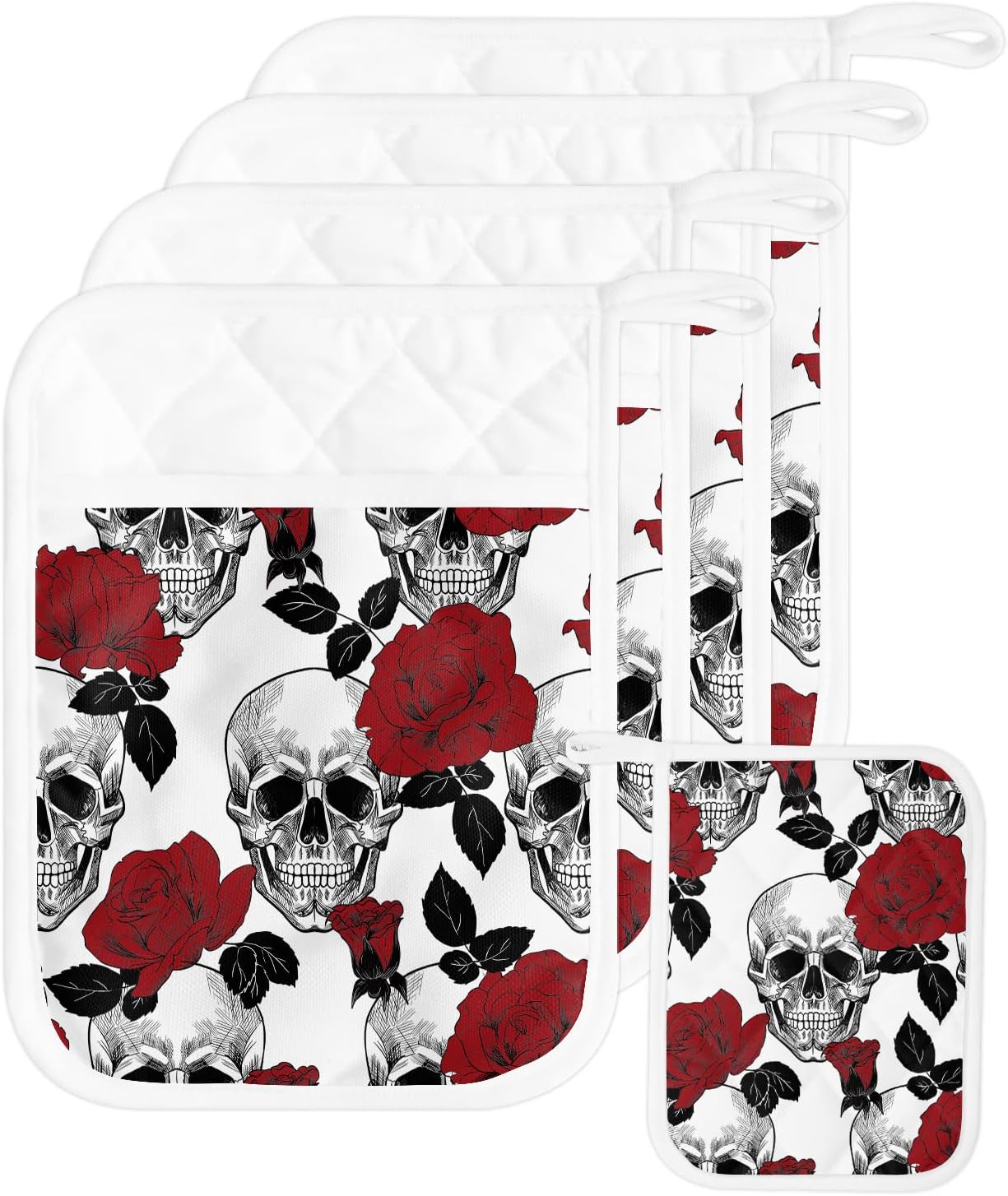 5-Piece Sugar Skull Potholders Heat-Resistant Halloween-Style with Hanging Loops
