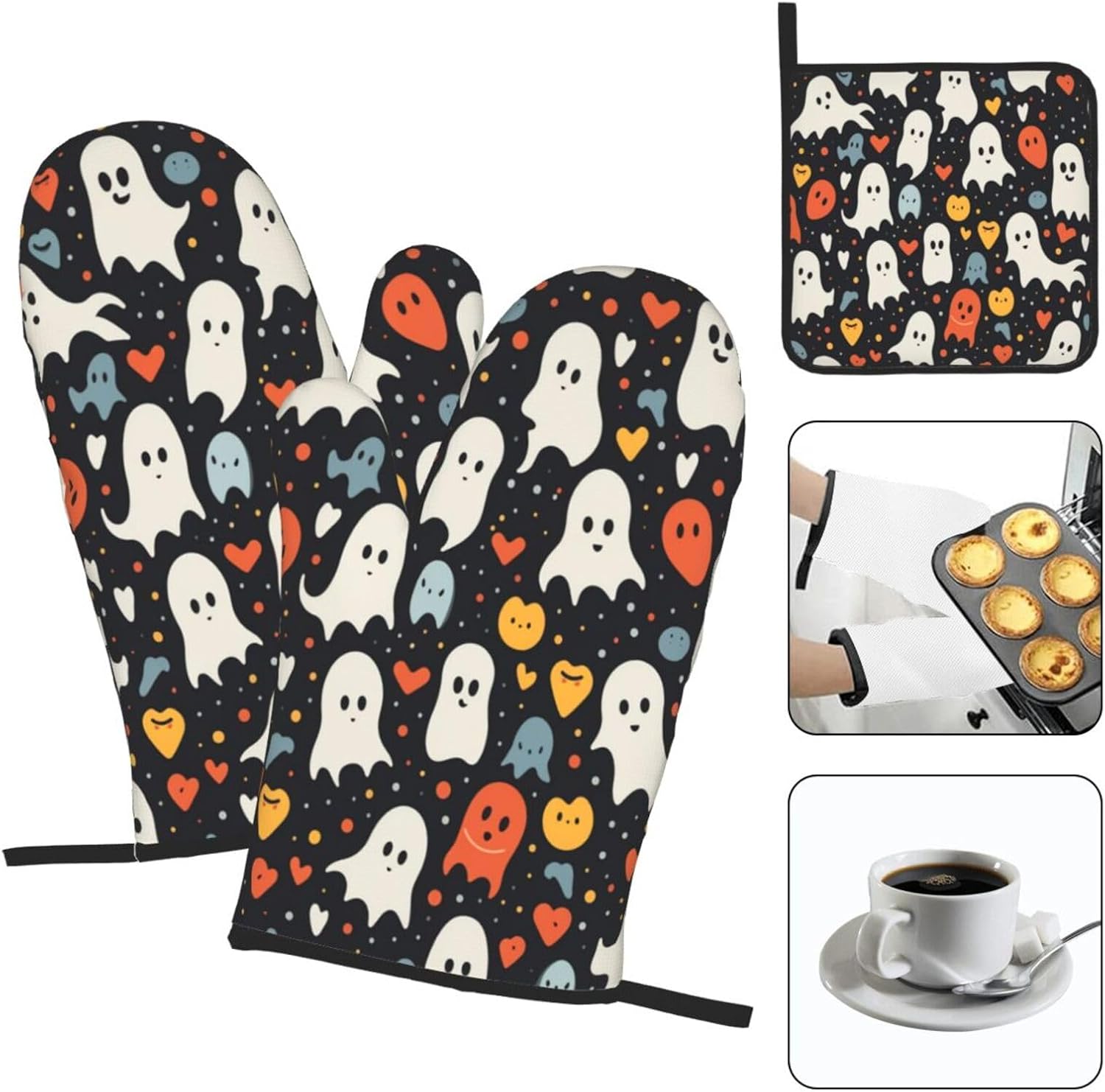 Halloween Stove Ghost Oven Mitts and Pot Holders Set of 3