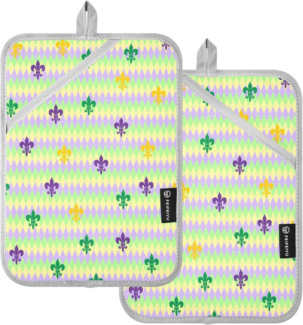 Mardi Gras Purple Fleur-de-lis Lily Potholders Heat-Resistant Oven Mitts