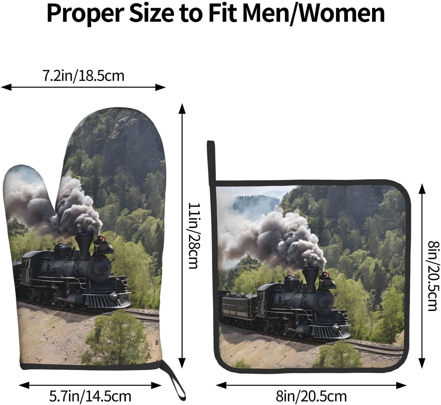 Steam Locomotive Train Printed Oven Mitts and Pot Holders 2 Piece Set