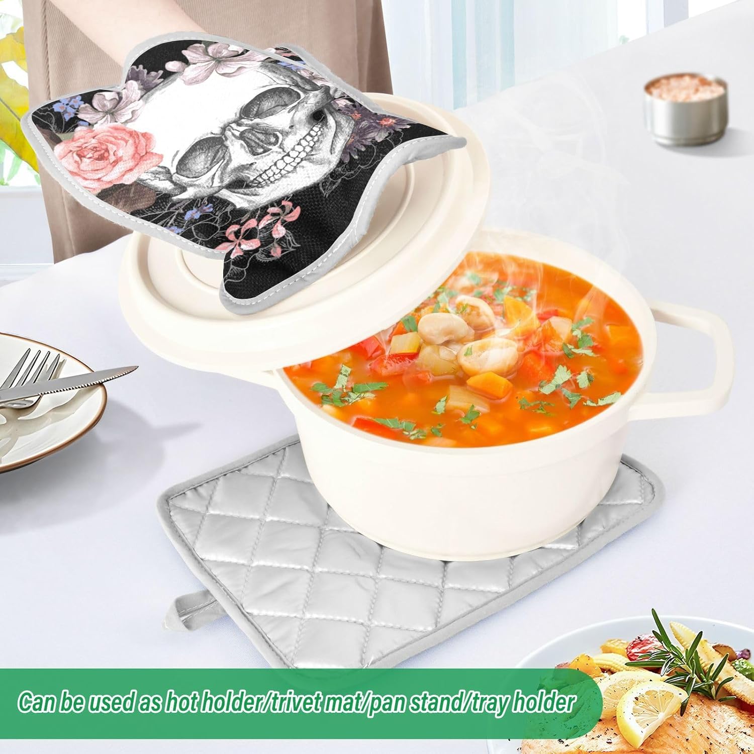 Two-Pack Halloween Skull Rose Pot Holder Set for Oven Kitchen Use